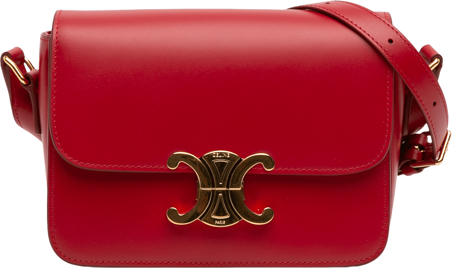 Celine Teen Shiny Calfskin Triomphe Crossbody, från Luxclusif, i färgen red.