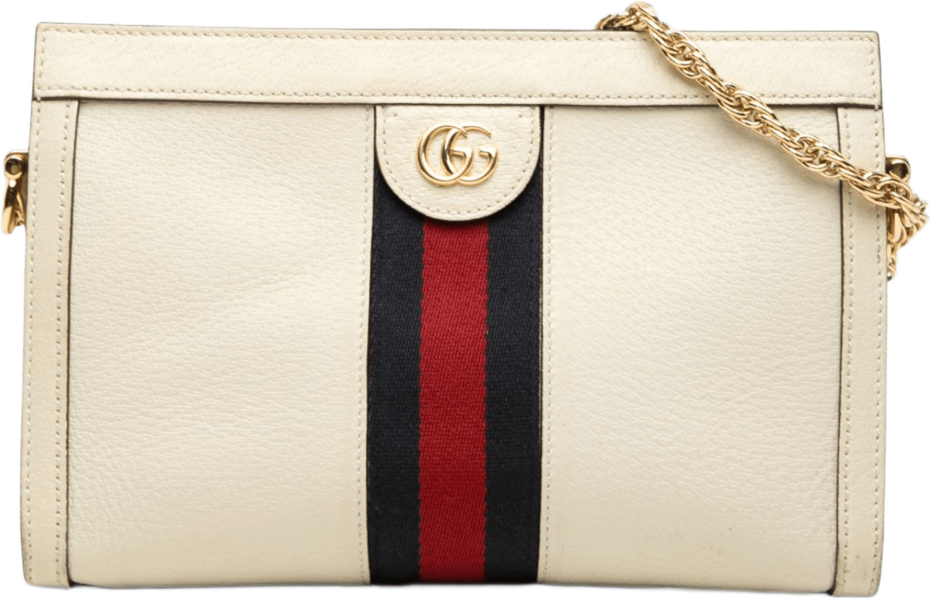 Gucci Small Calfskin Web Ophidia Chain Crossbody, från Luxclusif, i färgen white.