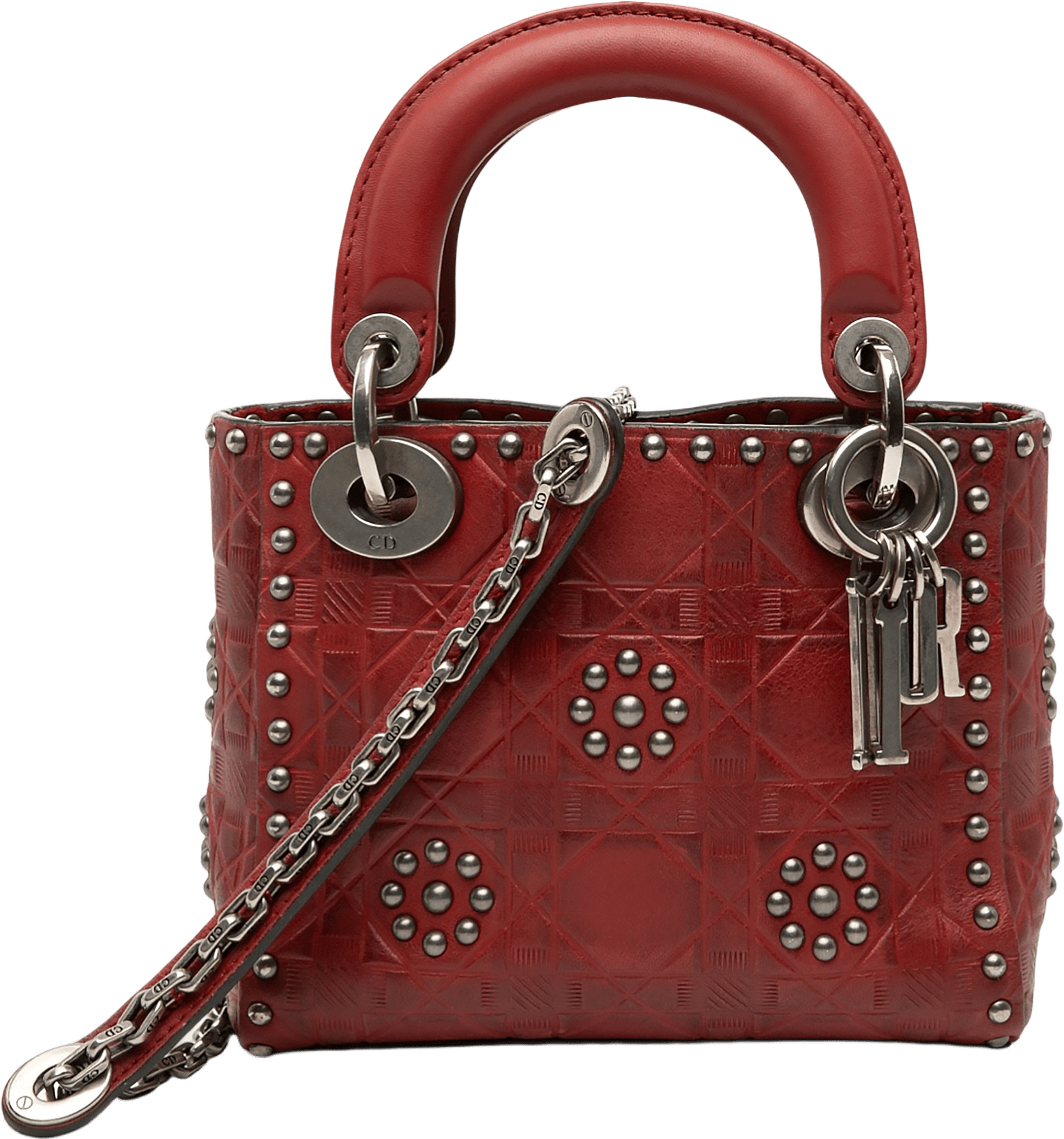 Dior Mini Embossed Calfskin Cannage Studded Flower Lady Dior, från Luxclusif, i färgen red.