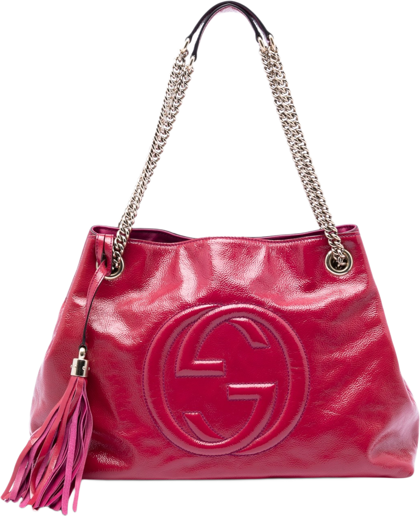 Gucci Medium Patent Soho Chain Tote, från Luxclusif, i färgen rosa.