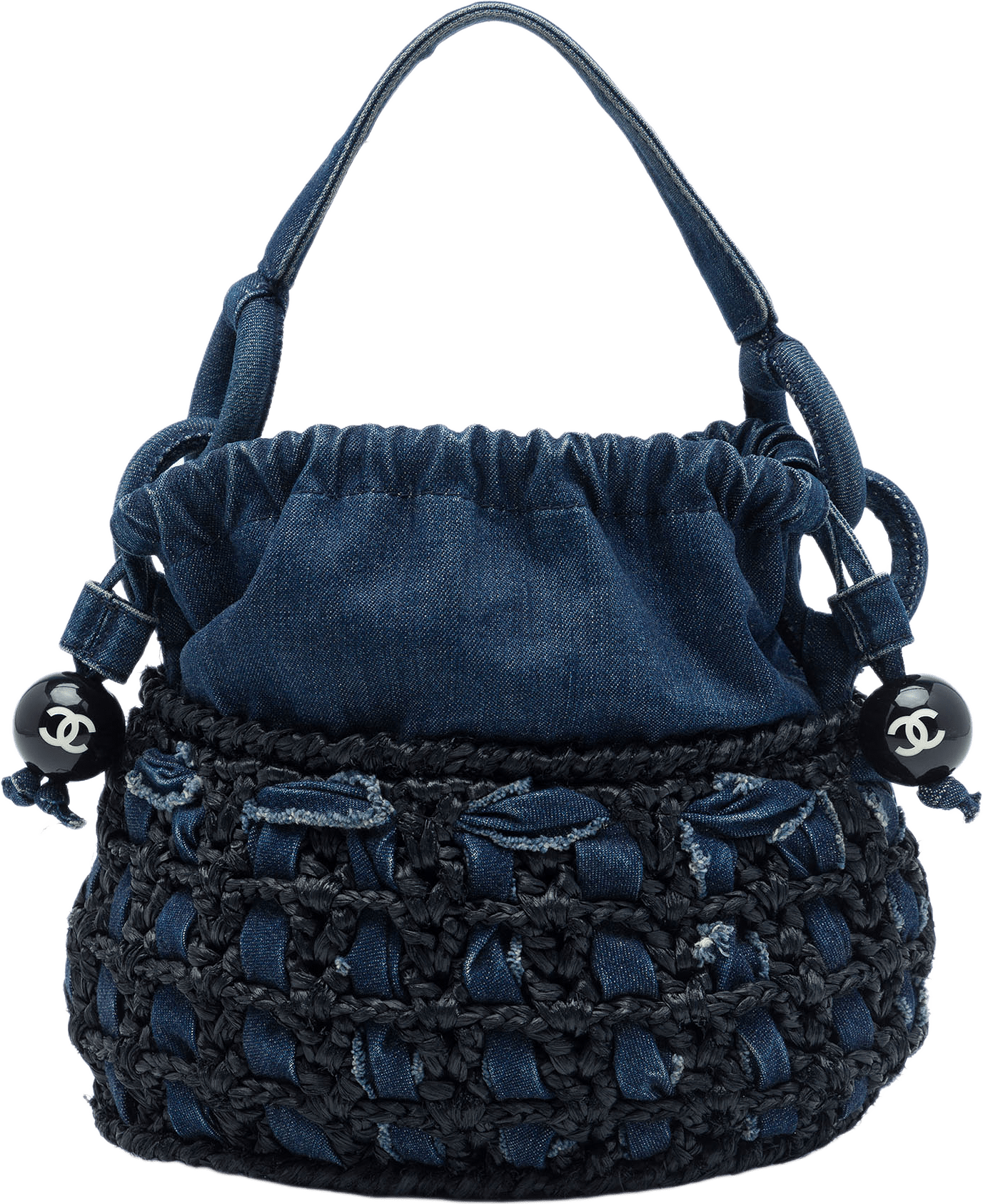 Chanel Cc Woven Denim And Raffia Drawstring Bucket Bag, från Luxclusif, i färgen blå.