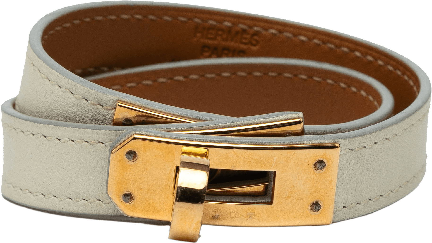 Hermès Leather Kelly Double Tour Bracelet, från Luxclusif, i färgen light gray.