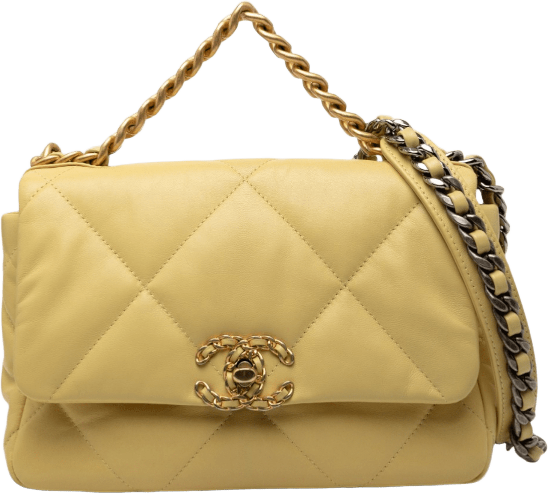 Chanel Medium Lambskin 19 Flap, från Luxclusif, i färgen mustard.