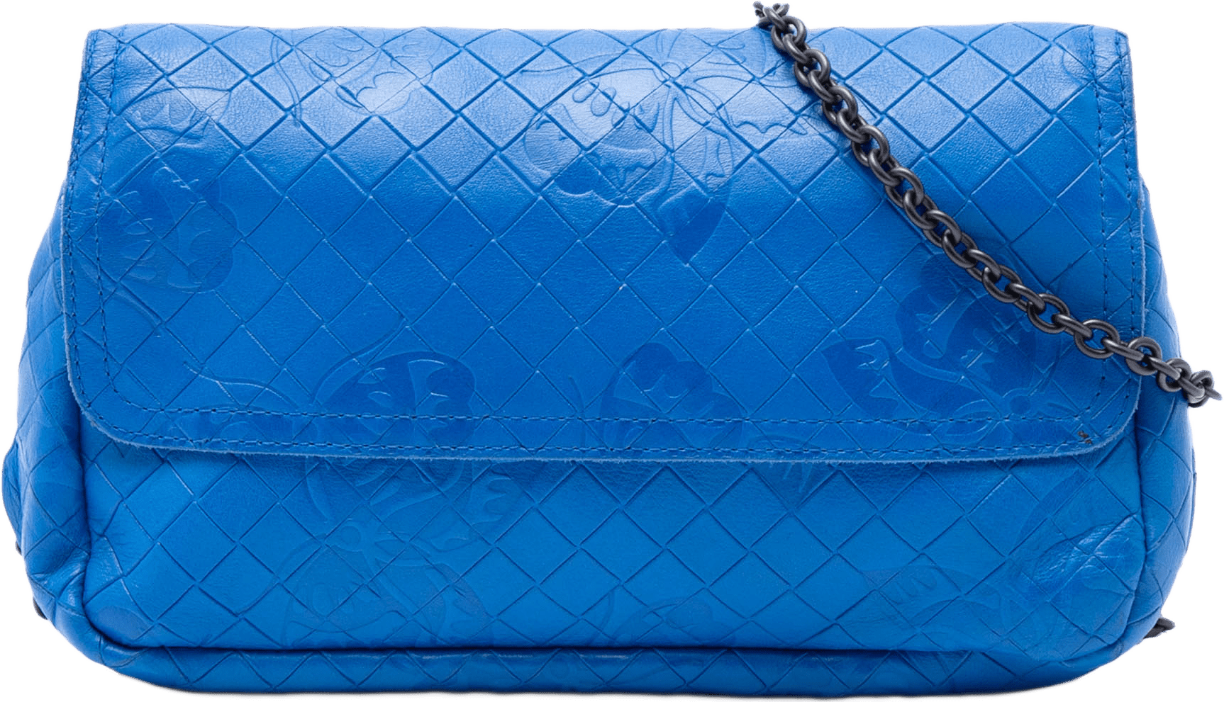 Bottega Veneta Small Calfskin Intrecciomirage Embossed Butterfly Chain Crossbody, från Luxclusif, i färgen blue.