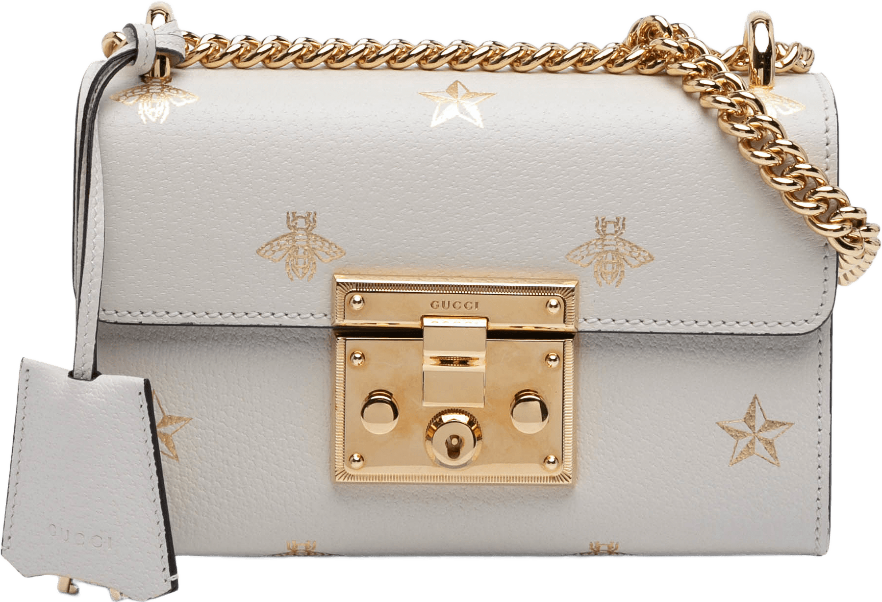 Gucci Small Leather Bee Star Padlock Crossbody, från Luxclusif, i färgen white.