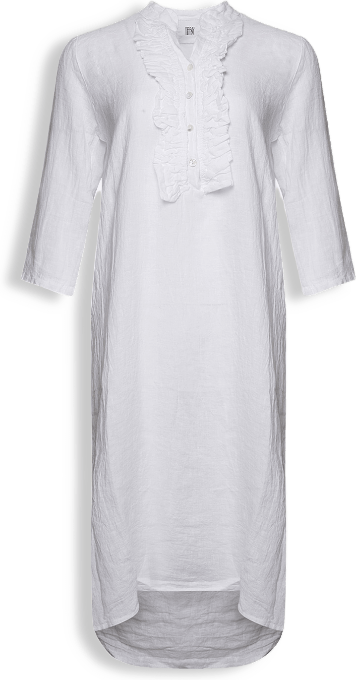 18970r, Long Shirt Dress Ruffle, Linen - White