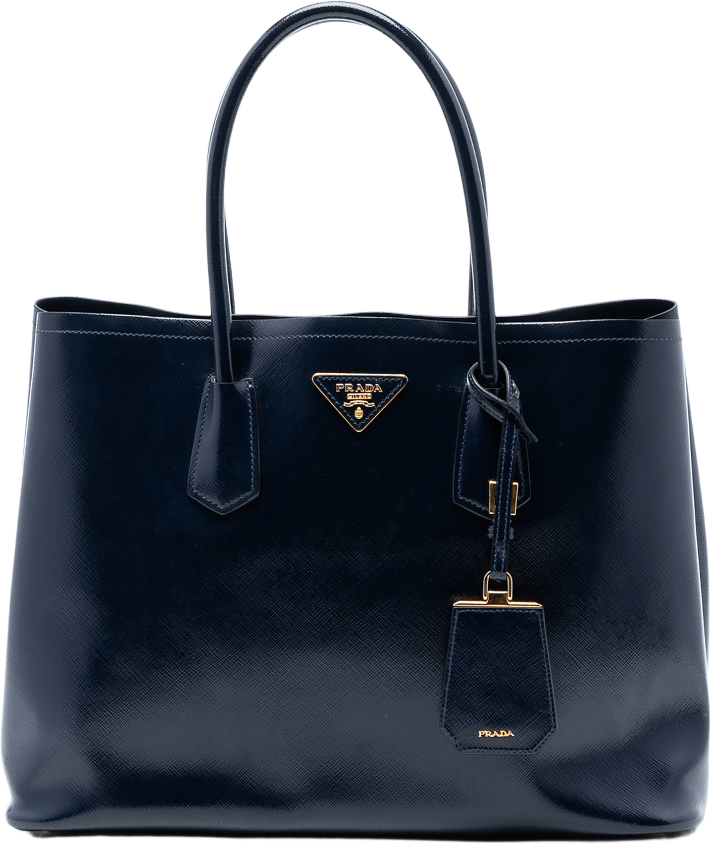 Prada Medium Saffiano Vernice Double Satchel, från Luxclusif, i färgen navy.