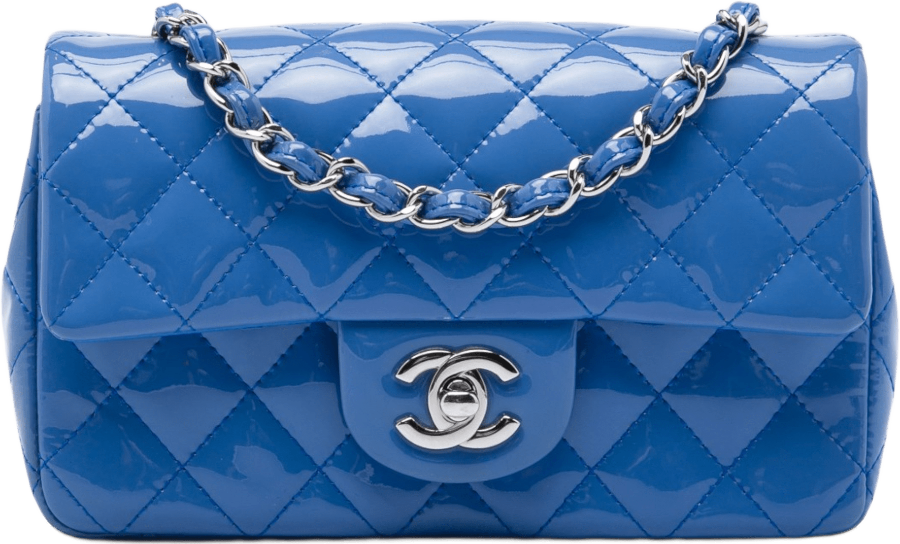 Chanel Mini Rectangular Classic Patent Single Flap, från Luxclusif, i färgen blå.