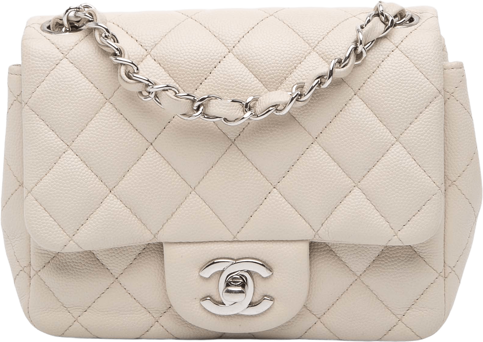 Chanel Mini Square Classic Caviar Single Flap, från Luxclusif, i färgen ivory.
