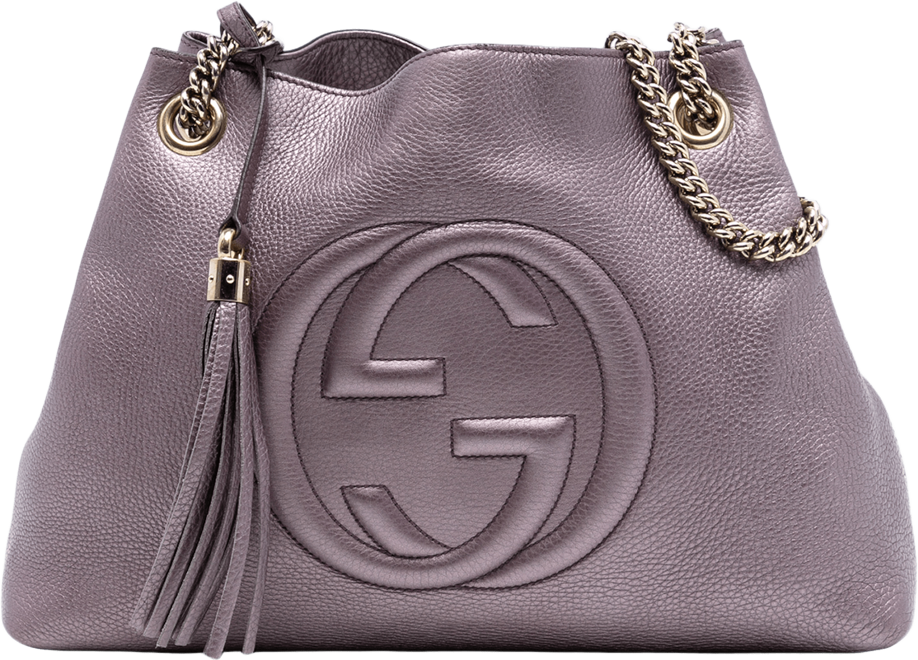 Gucci Medium Metallic Leather Soho Chain Tote, från Luxclusif, i färgen purple.