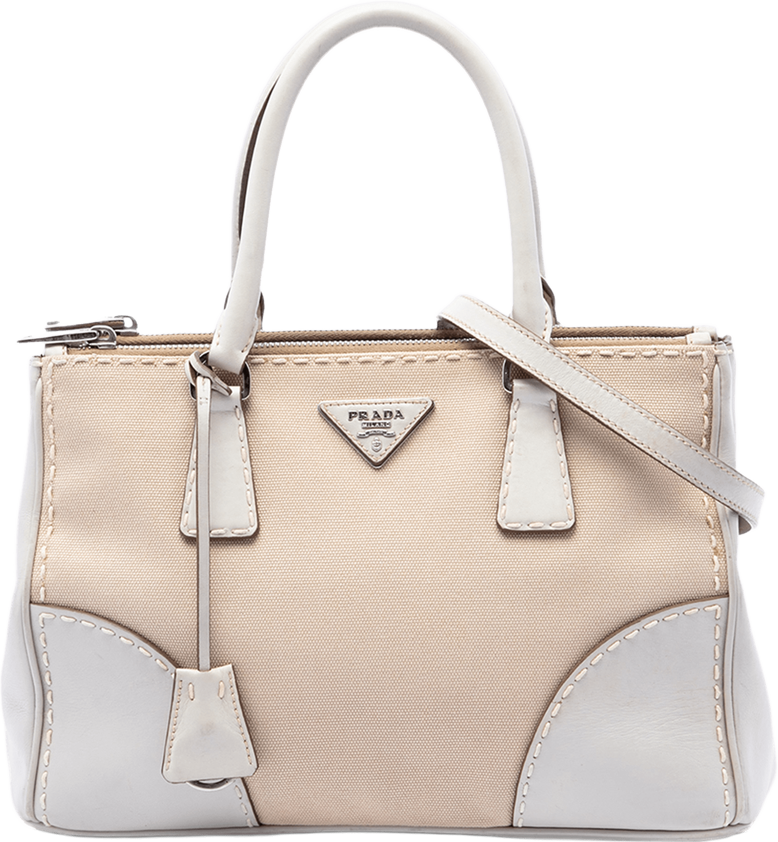 Prada Small Canvas And City Calf Stitch Galleria Double Zip Satchel, från Luxclusif, i färgen beige.