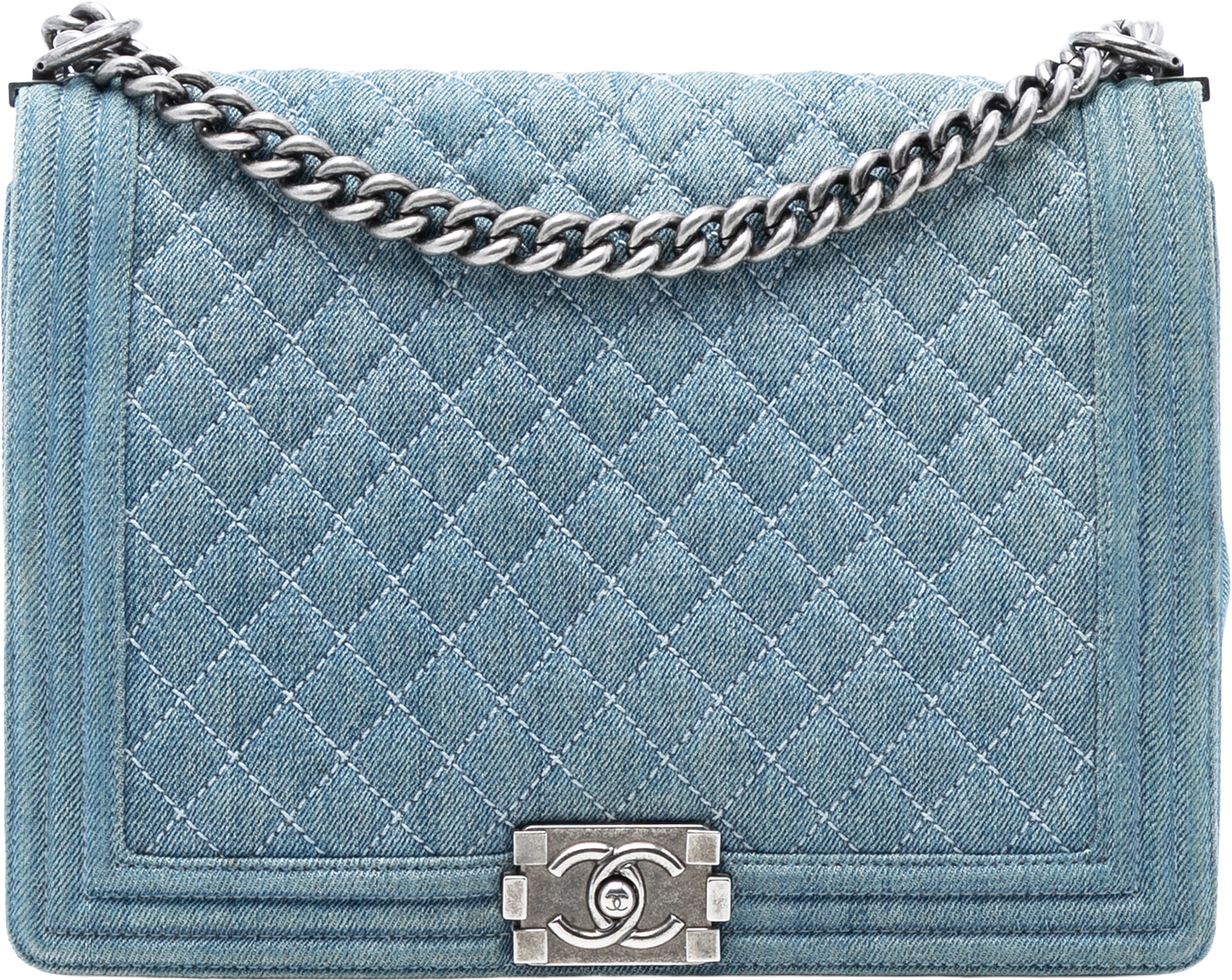 Chanel Large Quilted Denim Boy Flap, från Luxclusif, i färgen denim.