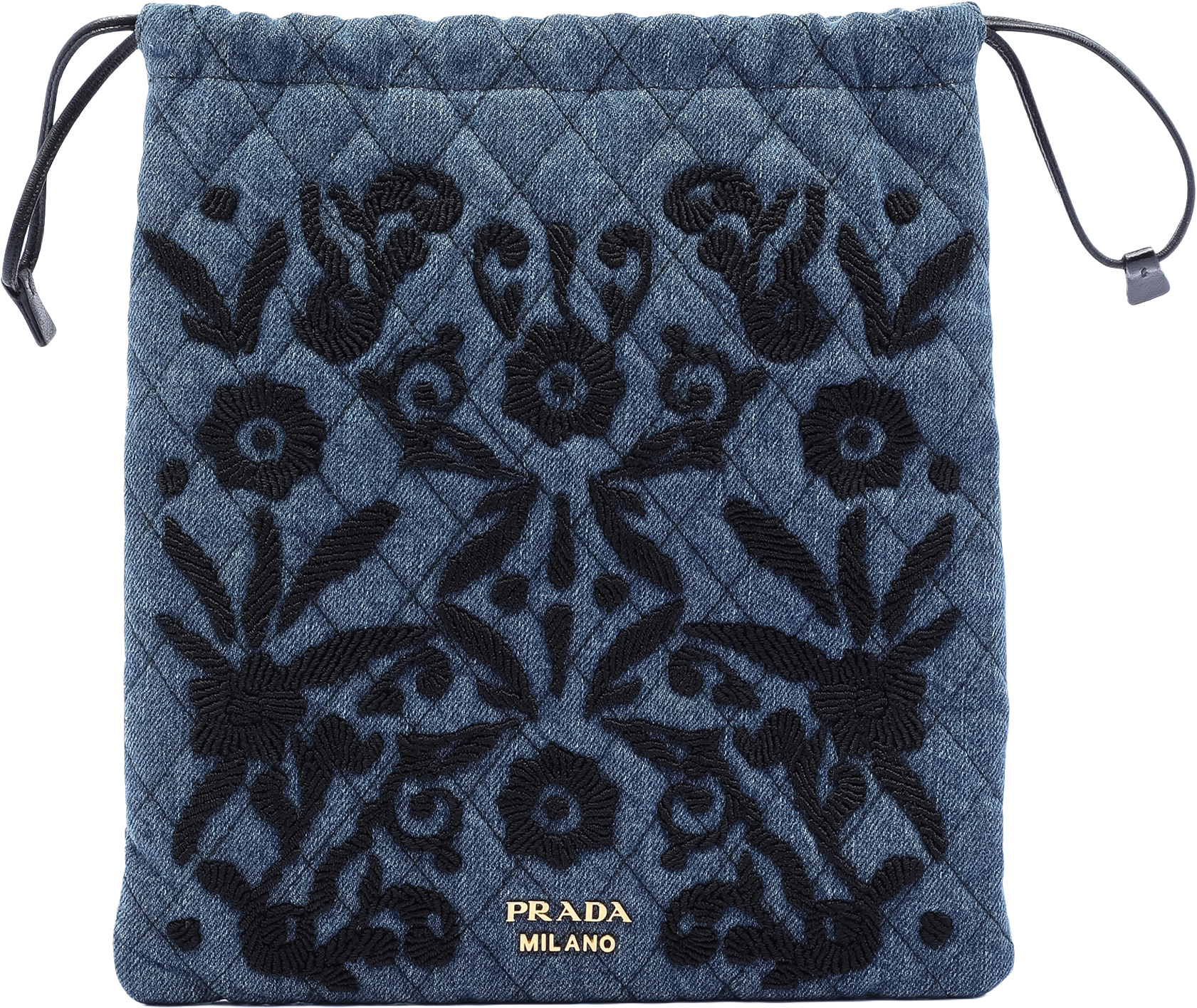 Prada Impuntu  Denim Embroidered Drawstring Pouch, från Luxclusif, i färgen denim.