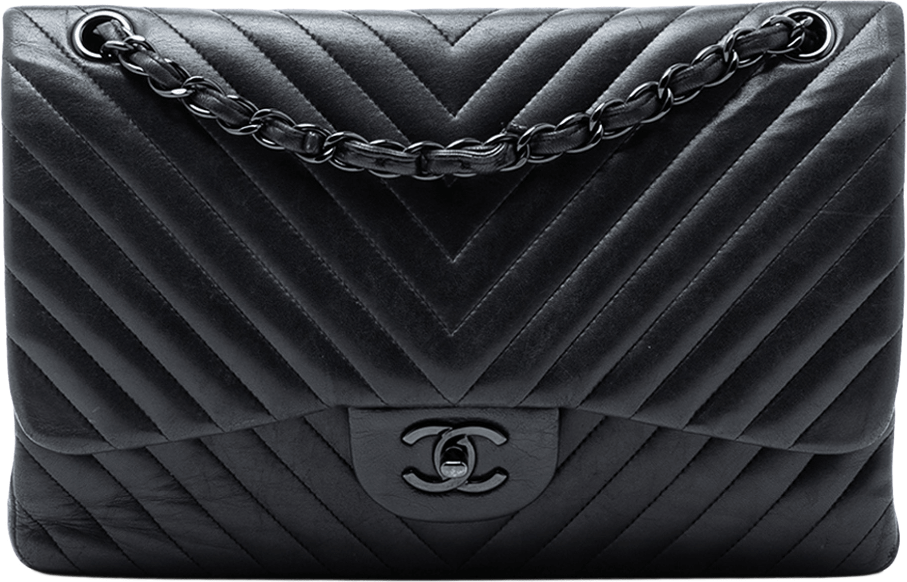 Chanel Jumbo Classic Chevron Lambskin So Black Double Flap, från Luxclusif, i färgen black.