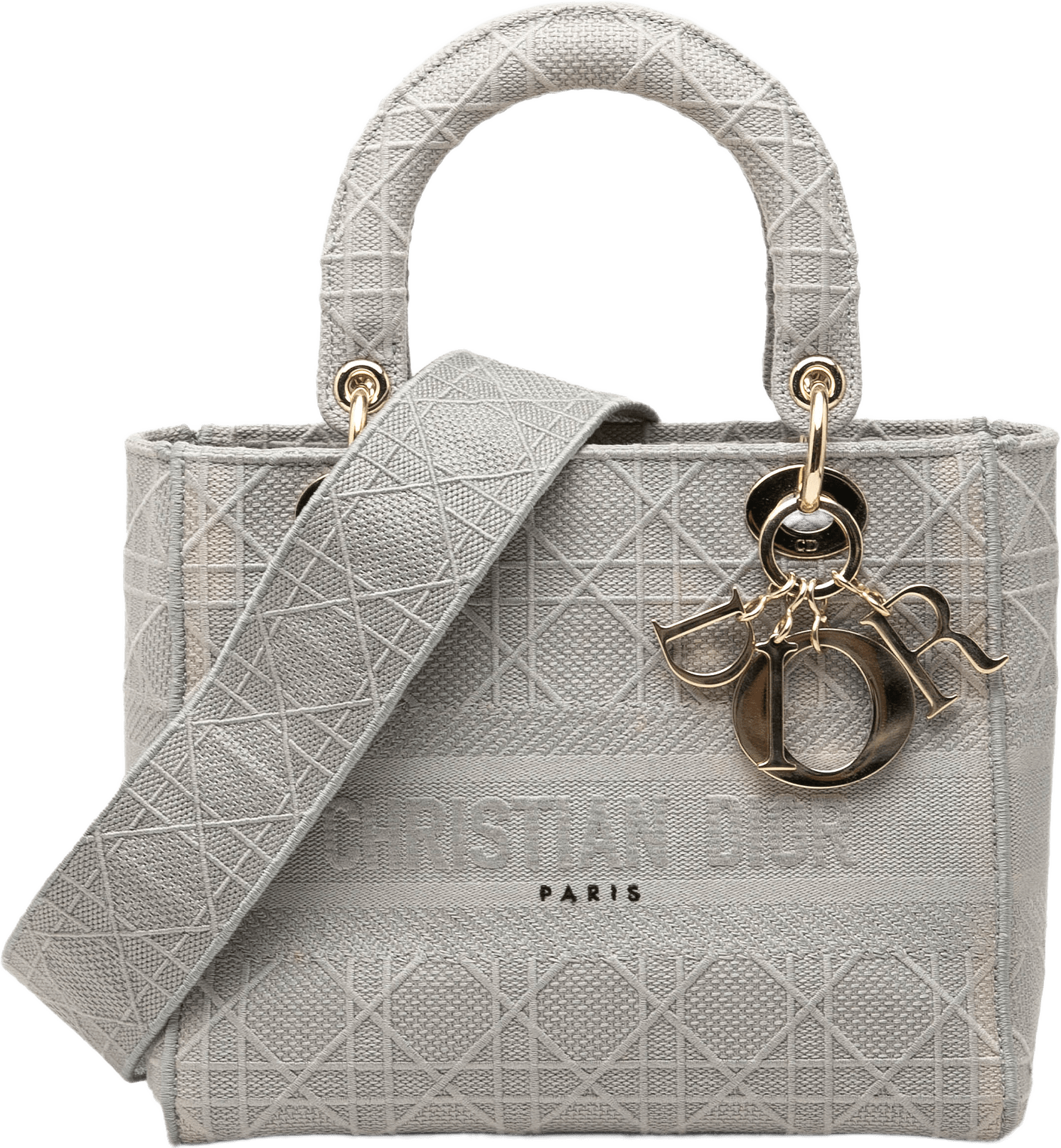Dior Medium Embroidered Canvas Cannage Lady D Lite, från Luxclusif, i färgen grå.
