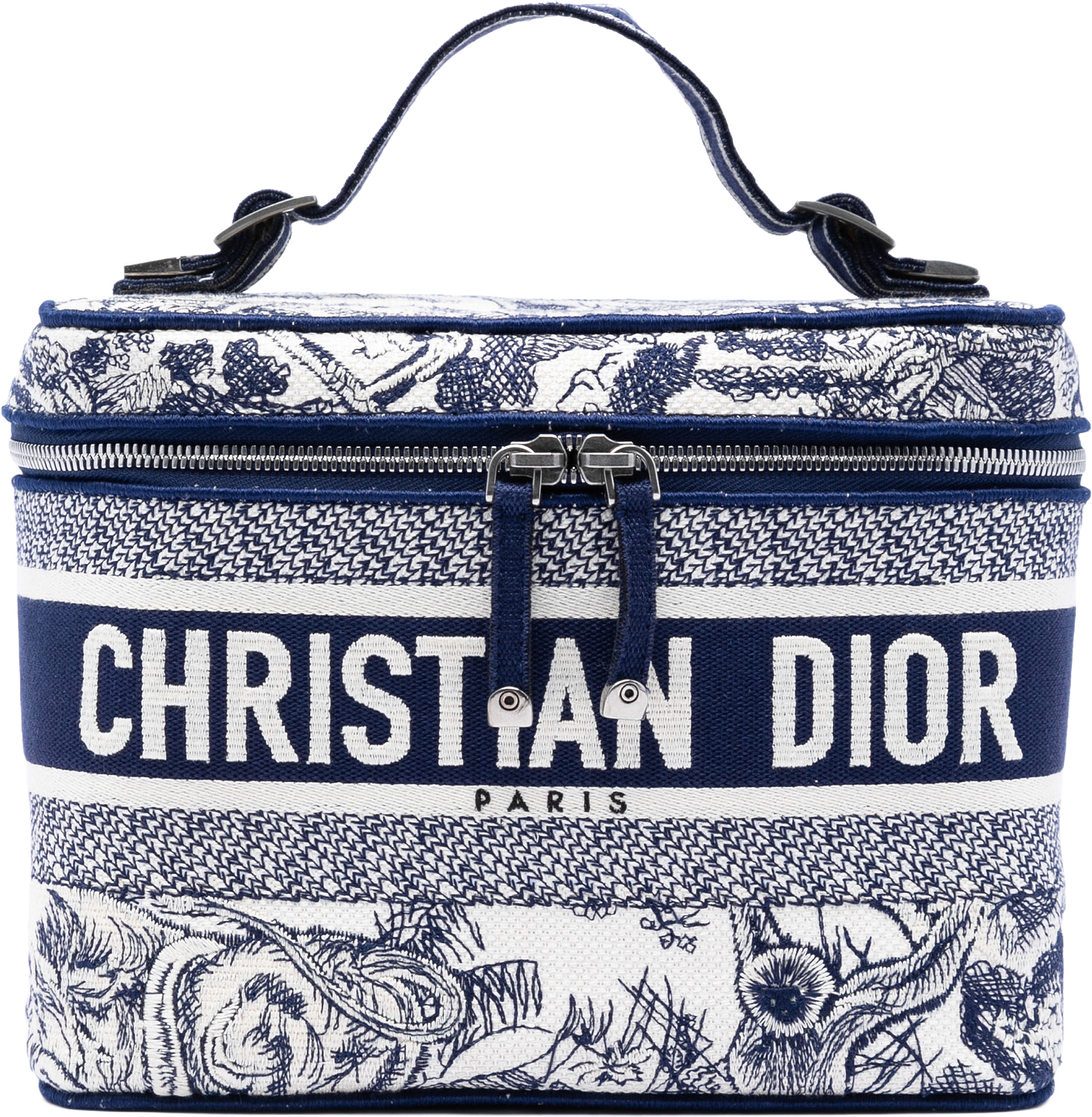 Dior Embroidered Canvas Toile De Jouy Diortravel Vanity Case, från Luxclusif, i färgen blå.