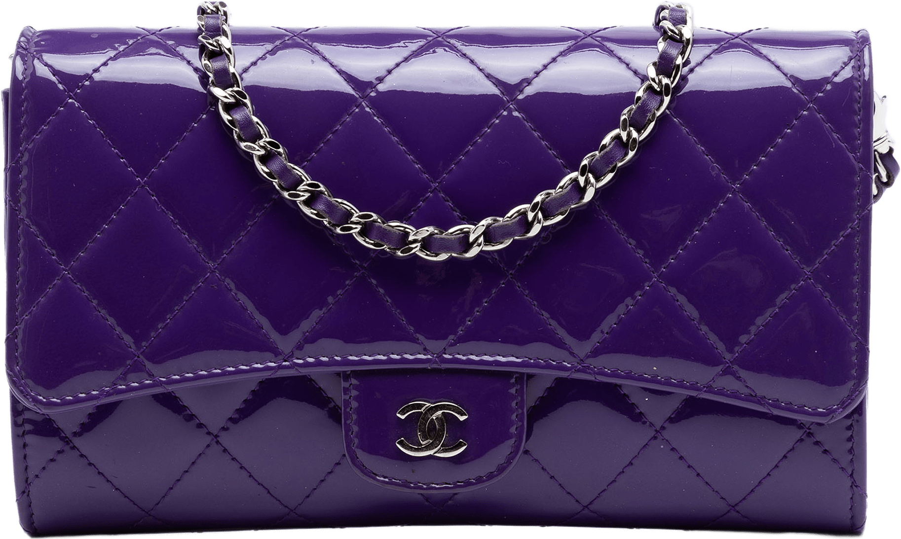 Chanel Cc Quilted Patent Wallet On Chain, från Luxclusif, i färgen purple.