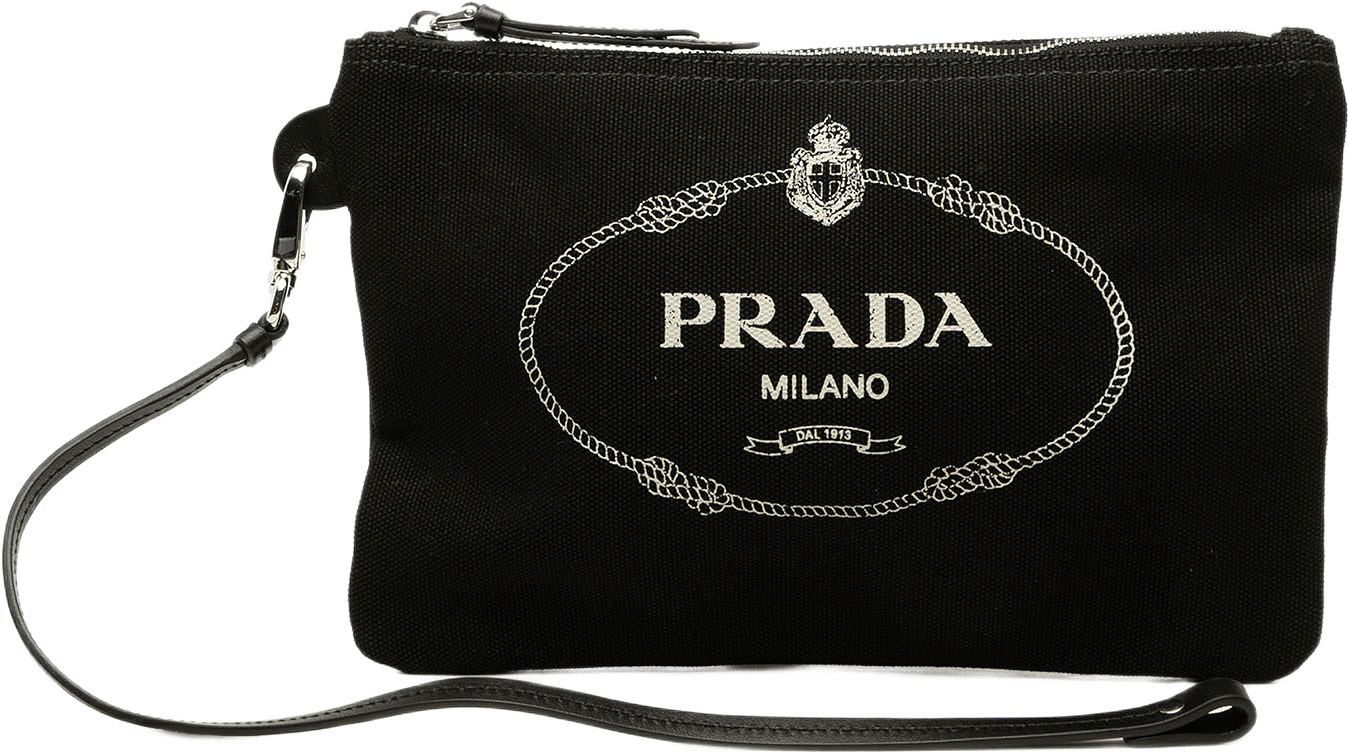 Prada Canvas Canapa Logo Wristlet Pouch, från Luxclusif, i färgen svart.