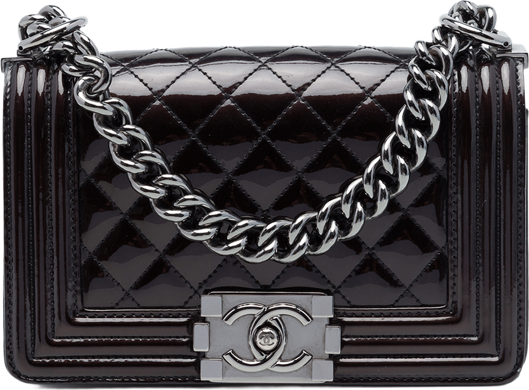 Chanel Small Quilted Patent Boy Flap, från Luxclusif, i färgen purpur.