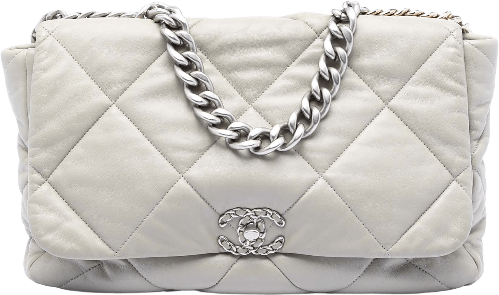 Chanel Maxi Lambskin 19 Flap, från Luxclusif, i färgen light gray.