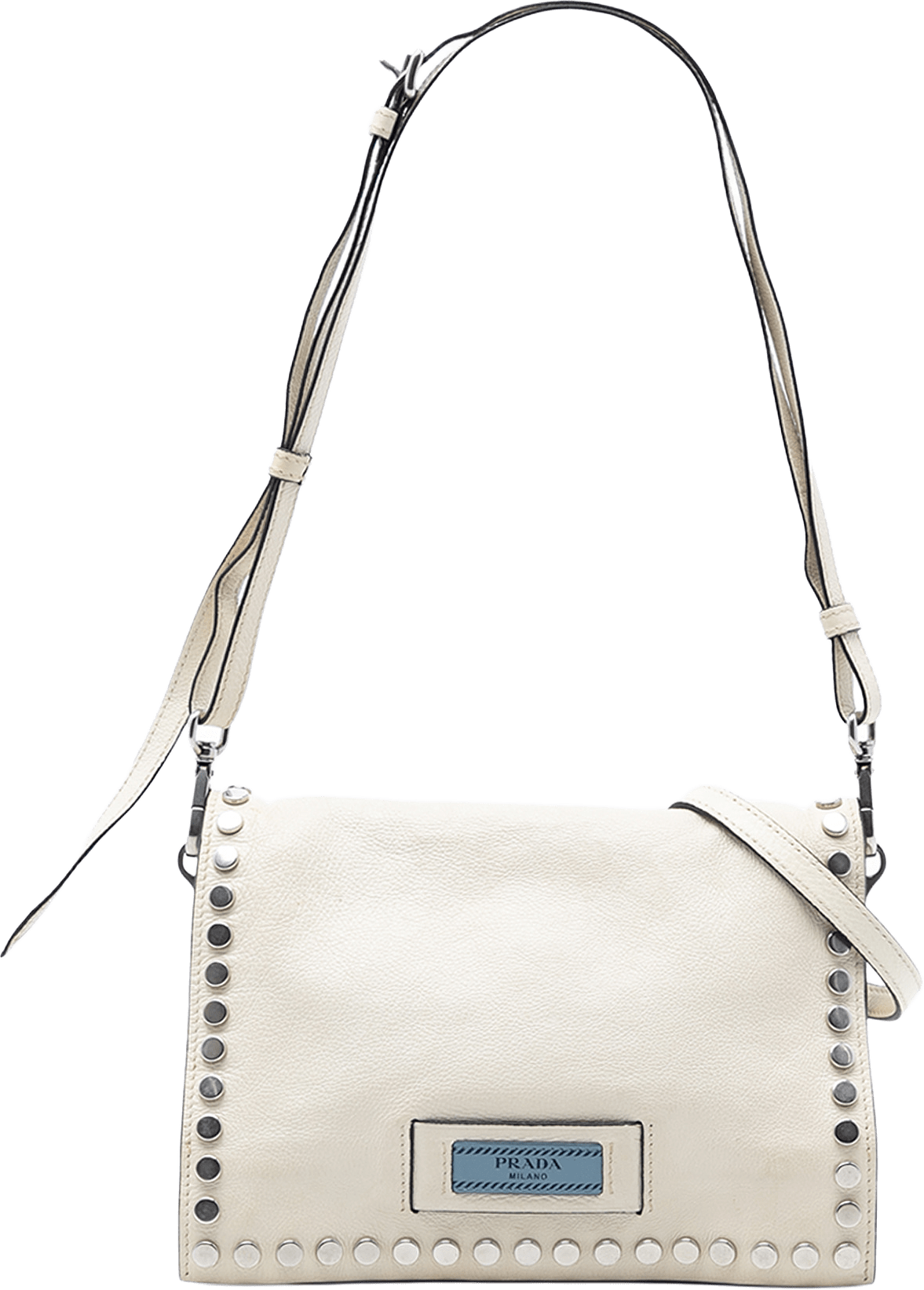 Prada Glace Calfskin Studded Etiquette Flap, från Luxclusif, i färgen off white.