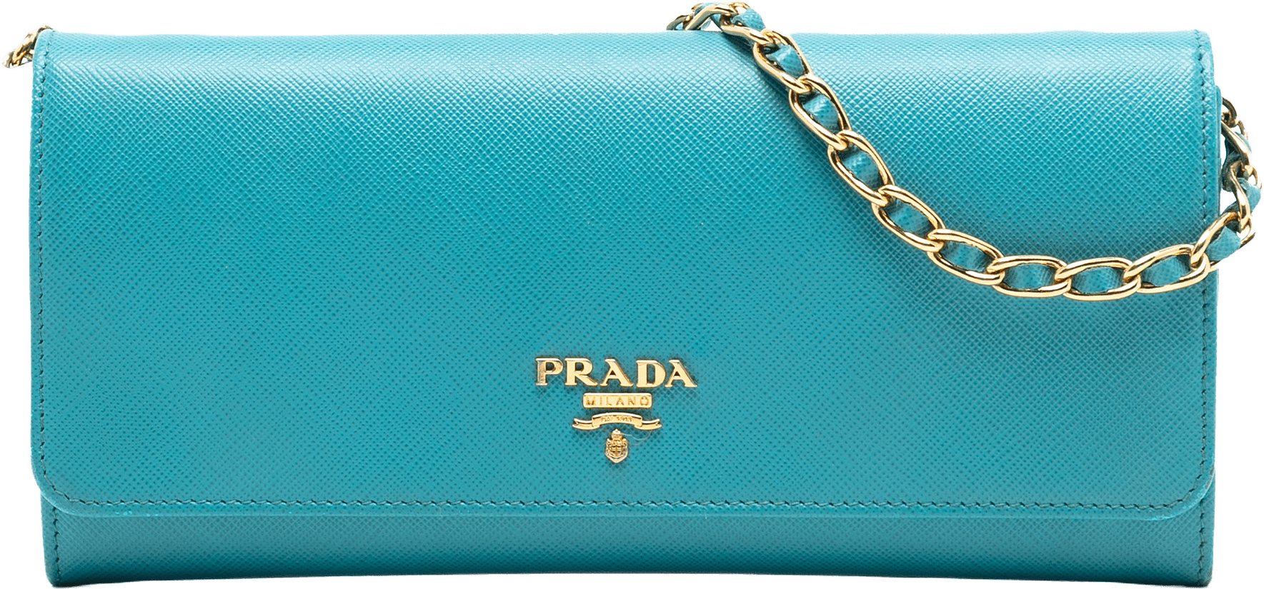 Prada Saffiano Wallet On Chain, från Luxclusif, i färgen turquoise.