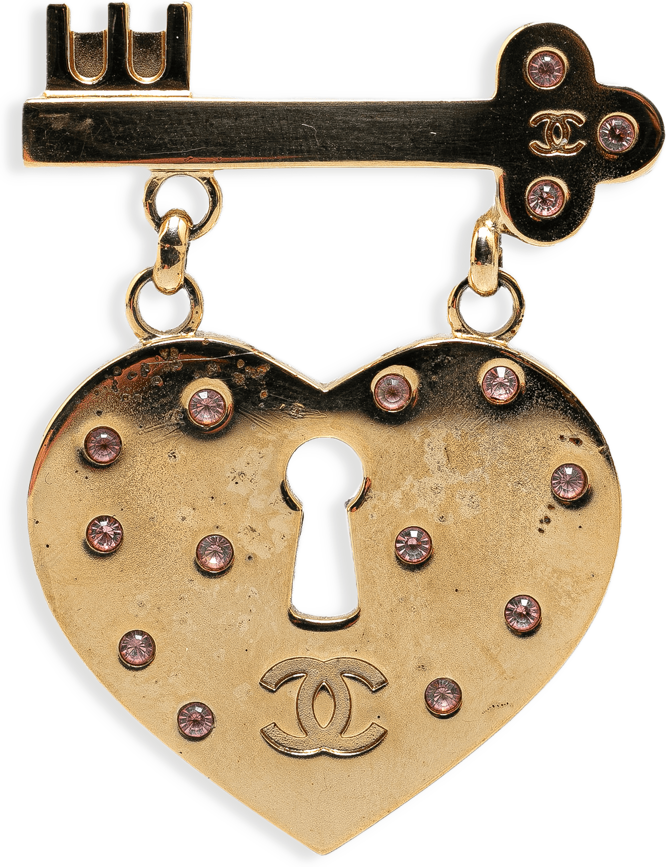 Chanel Gold Plated Heart Lock And Key Brooch Pin