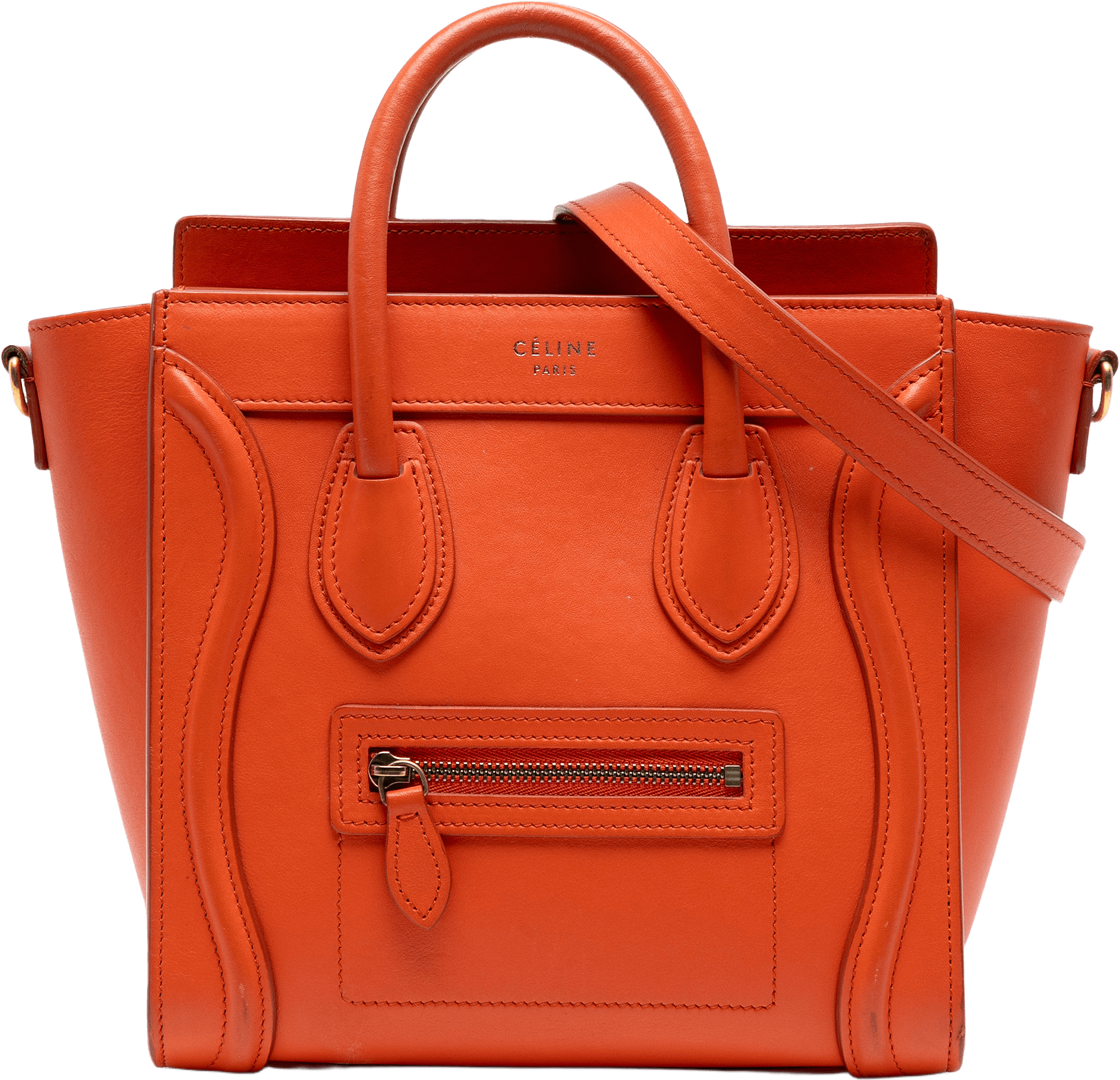 Celine Nano Leather Luggage Tote, från Luxclusif, i färgen dark orange.