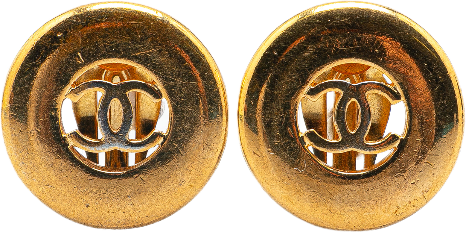 Chanel Gold Plated Cc Round Clip On Earrings