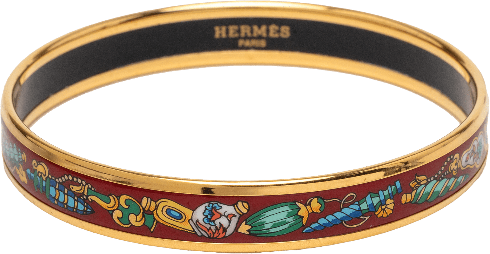 Hermès Narrow Qu Importe Le Falcon Enamel Bangle 65, från Luxclusif, i färgen burgundy.