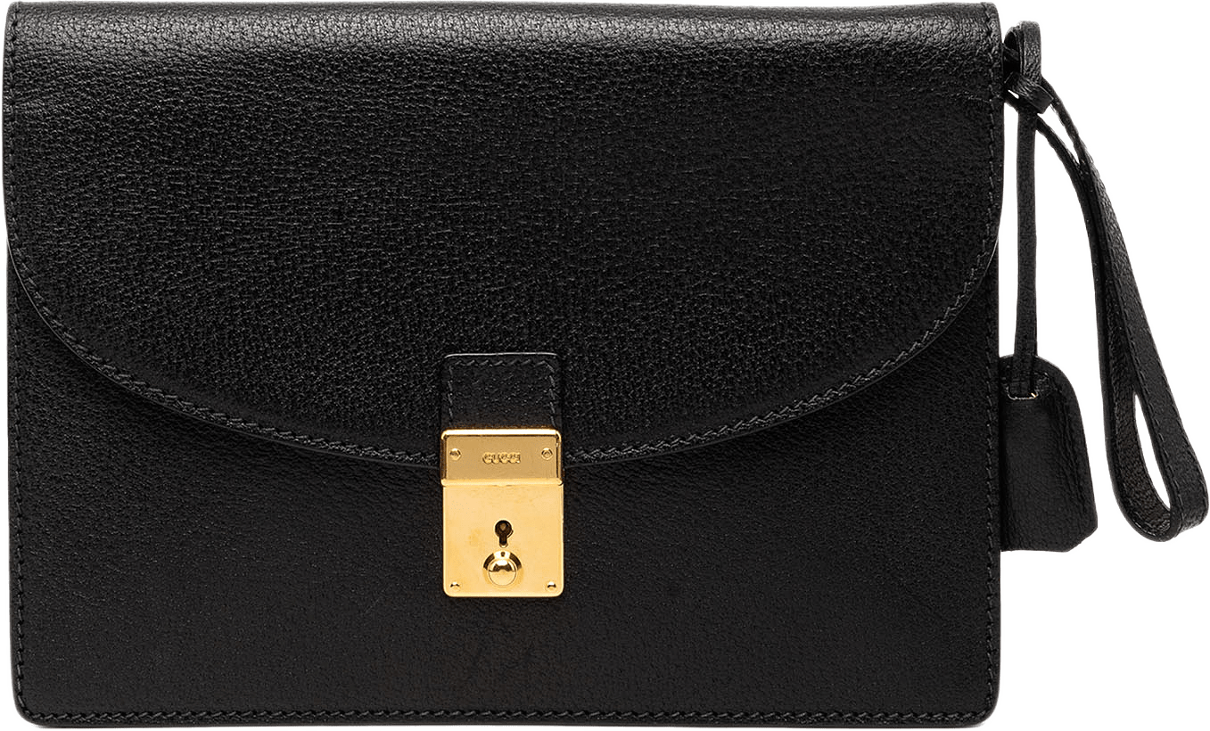 Gucci Calfskin Padlock Wristlet Clutch, från Luxclusif, i färgen svart.