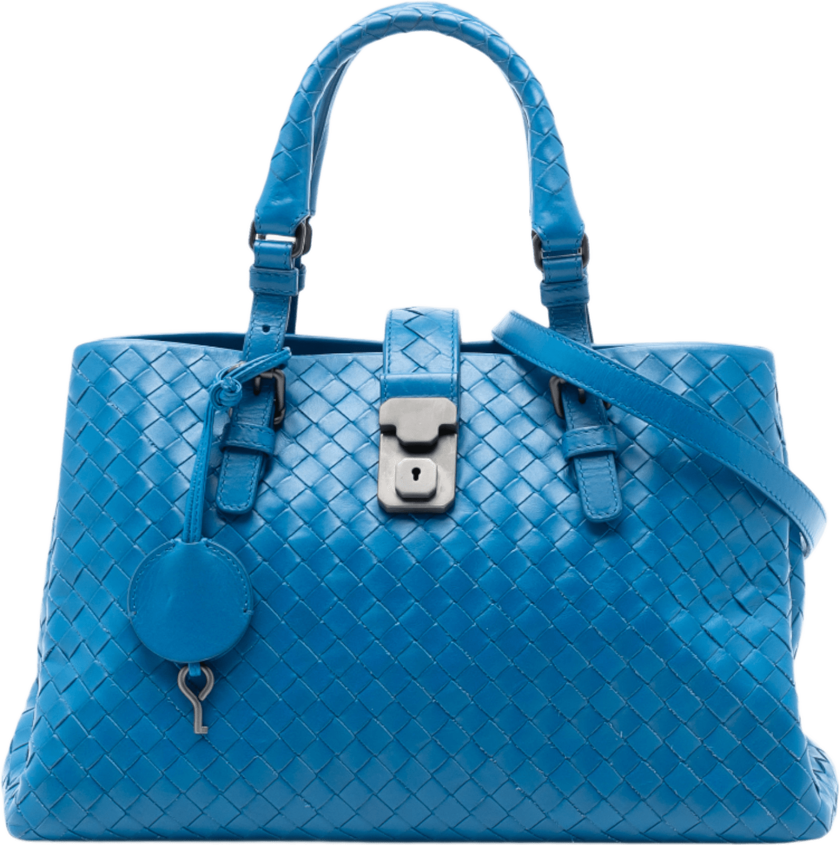 Bottega Veneta Small Nappa Intrecciato Roma Satchel, från Luxclusif, i färgen blå.