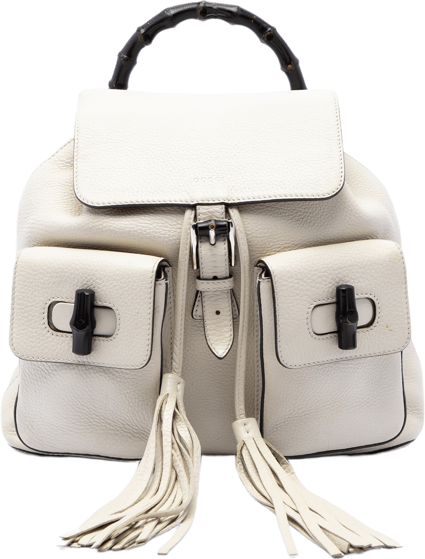 Gucci Large Calfskin Bamboo Tassel Drawstring Backpack, från Luxclusif, i färgen vit.