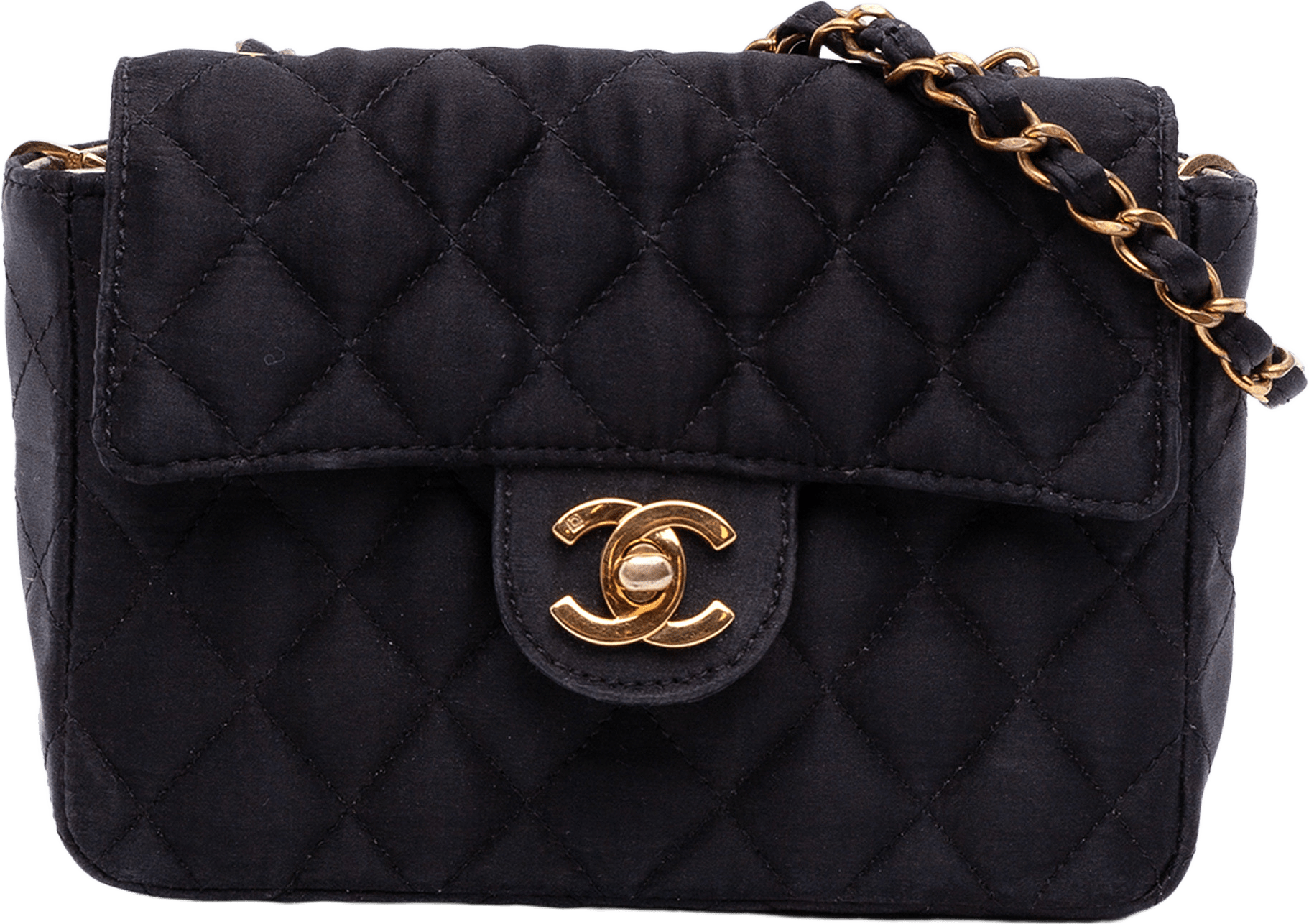 Chanel Mini Square Classic Satin Single Flap, från Luxclusif, i färgen black.