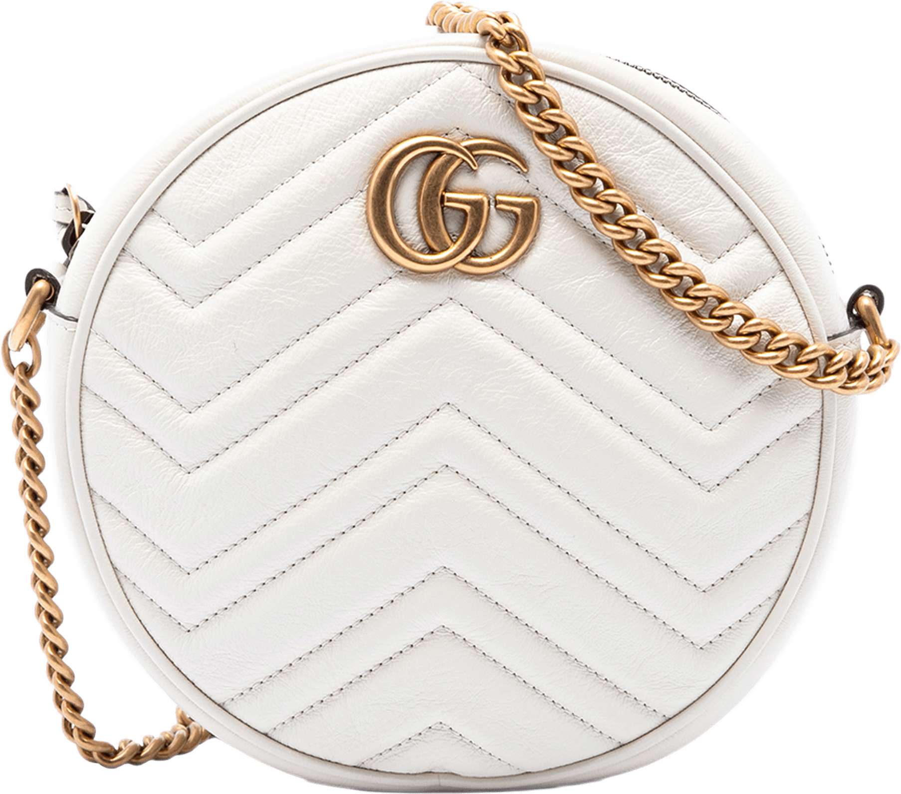Gucci Mini Gg Marmont Matelasse Calfskin Round Crossbody, från Luxclusif, i färgen vit.