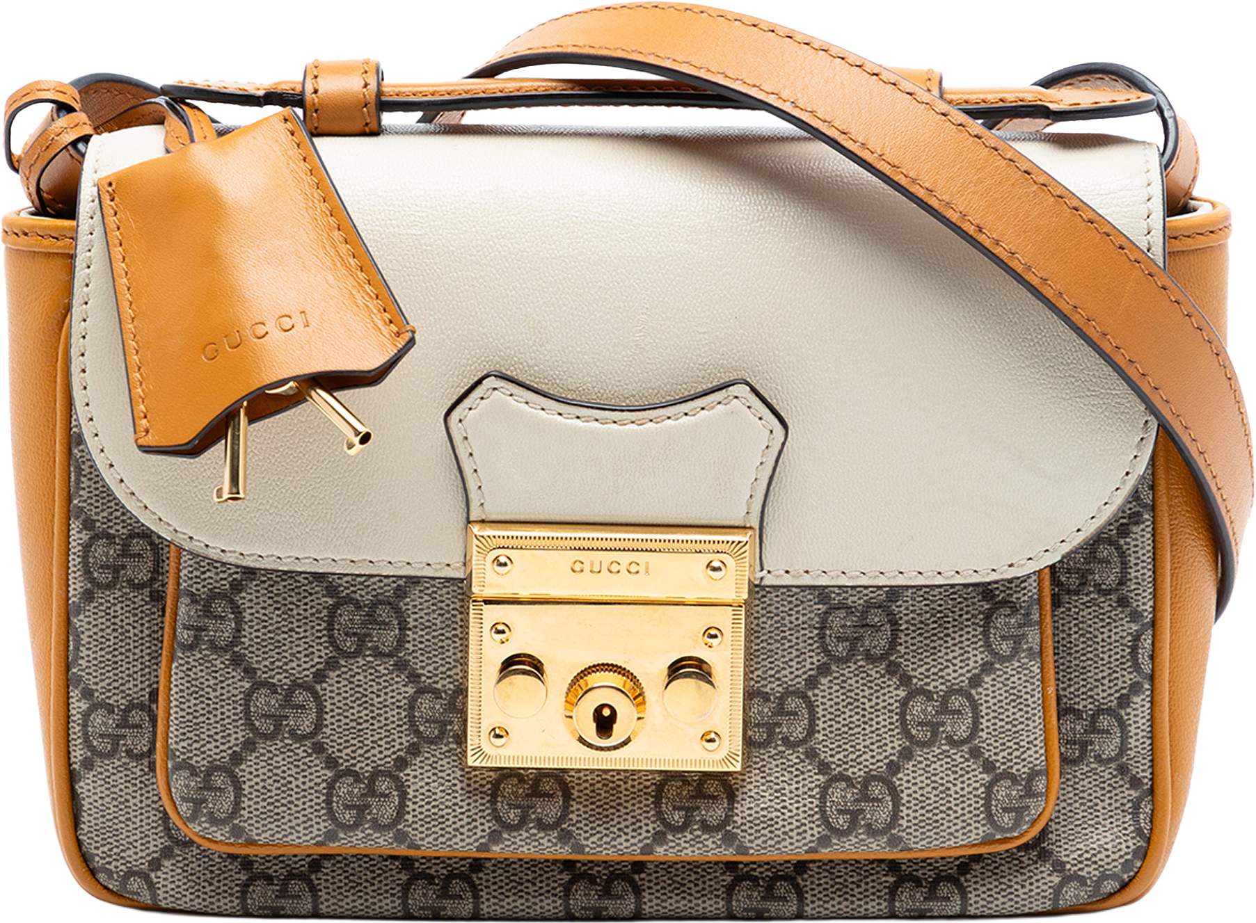 Gucci Mini Gg Supreme And Calfskin Padlock Flap Pocket Satchel, från Luxclusif, i färgen brown.