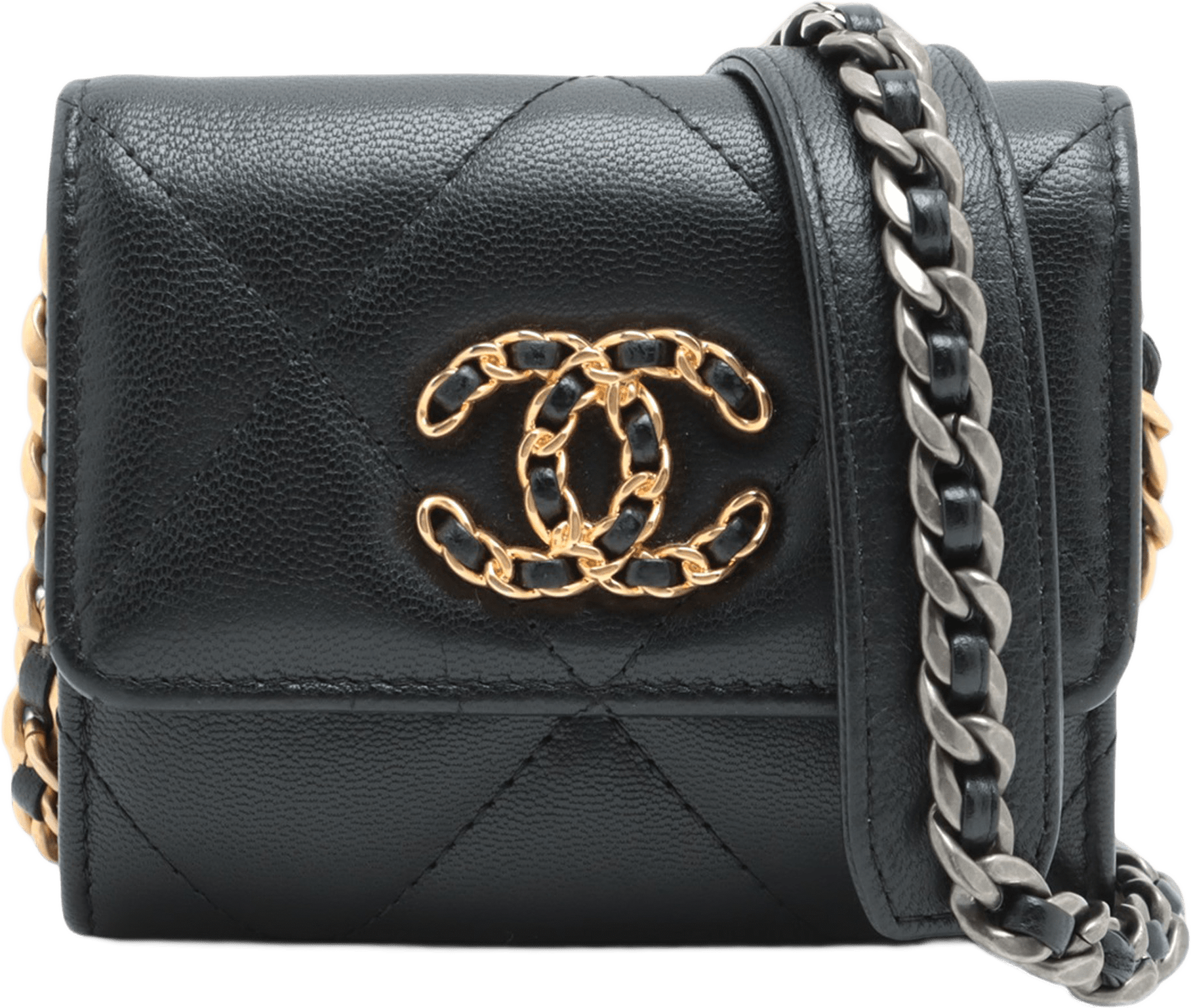 Chanel Quilted Lambskin 19 Flap Coin Purse With Chain, från Luxclusif, i färgen black.