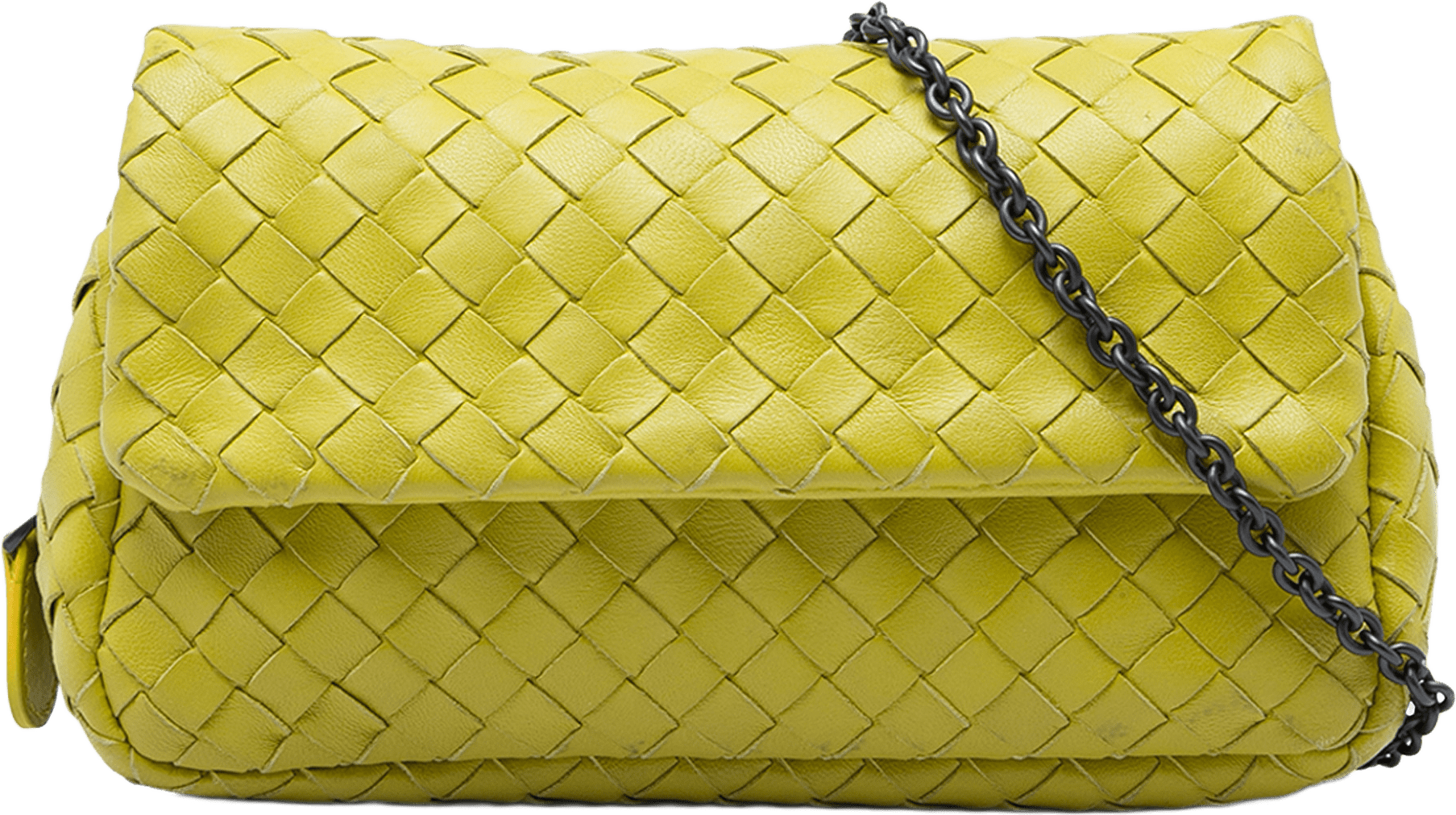 Bottega Veneta Mini Nappa Intrecciato Expandable Chain Flap Crossbody, från Luxclusif, i färgen gul.