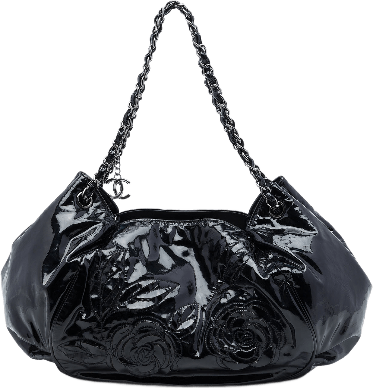 Chanel Patent Accordion Camellia Tote, från Luxclusif, i färgen svart.