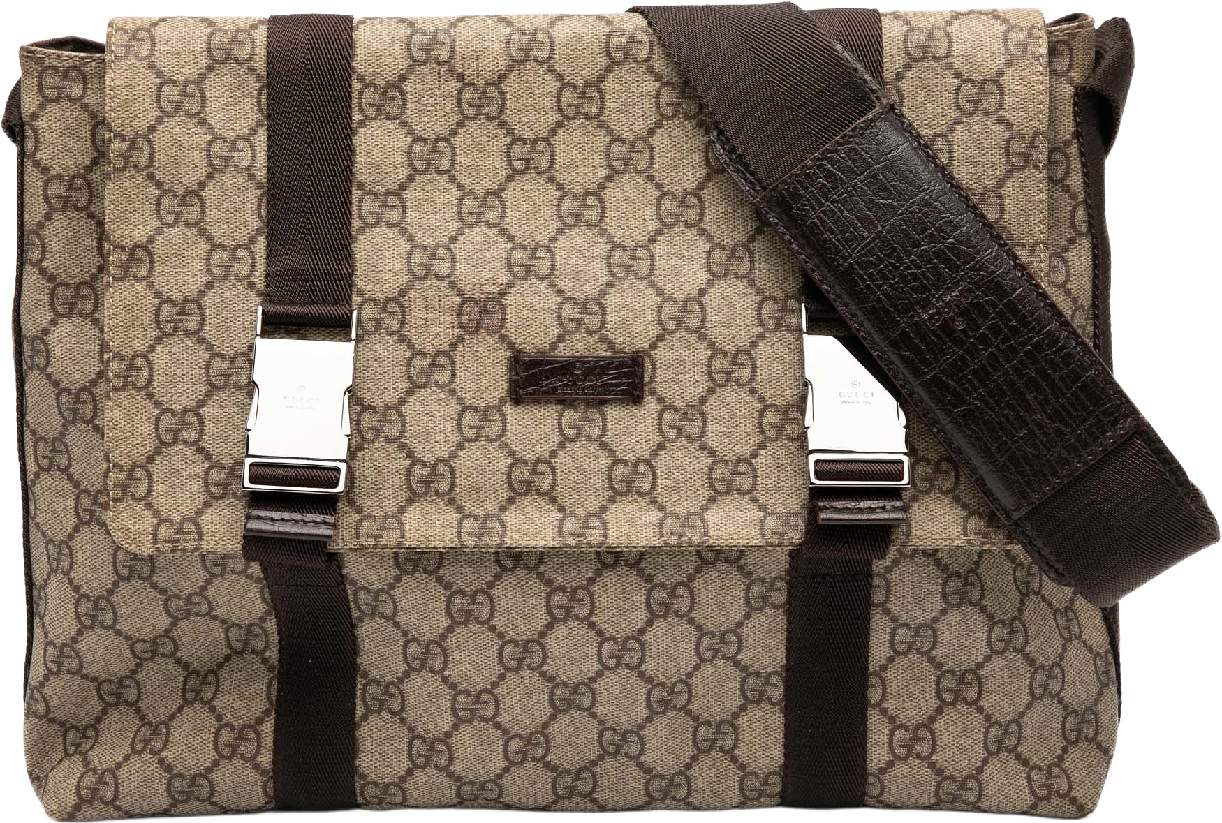 Gucci Large Gg Supreme Double Buckle Flap Messenger Bag, från Luxclusif, i färgen beige.