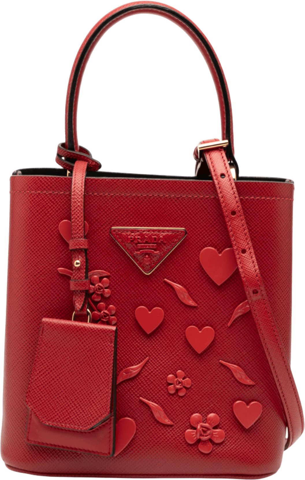 Prada Small Embellished Saffiano Cuir Panier Satchel, från Luxclusif, i färgen red.