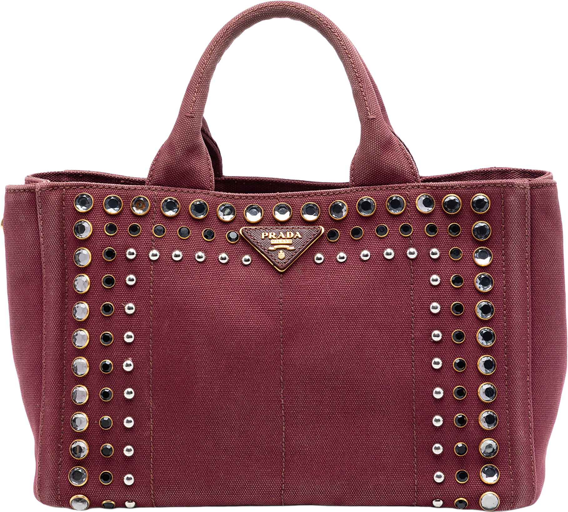Prada Small Canvas Canapa Bijoux Satchel, från Luxclusif, i färgen burgundy.