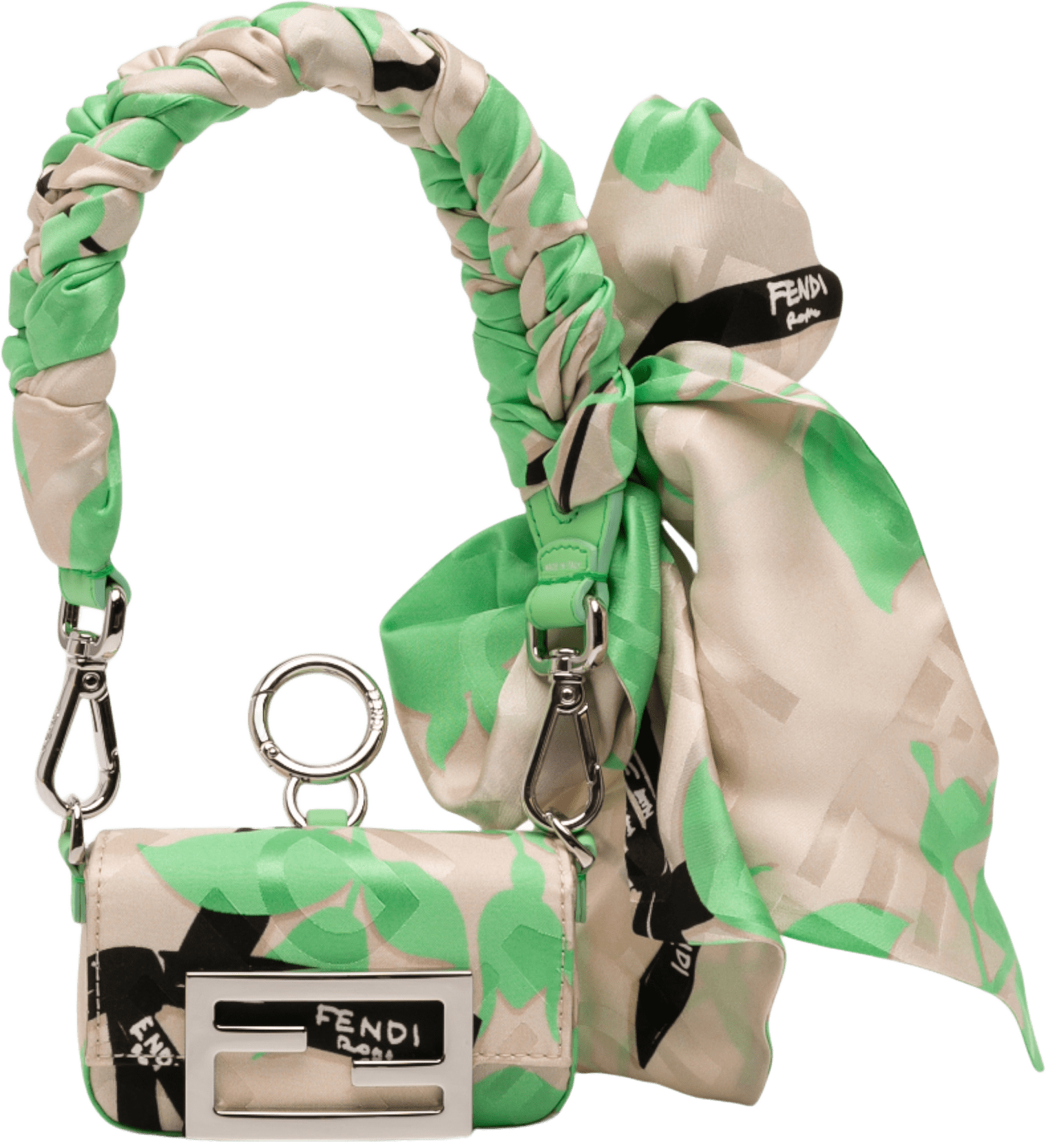 Fendi Nano Satin Charm Baguette, från Luxclusif, i färgen beige.