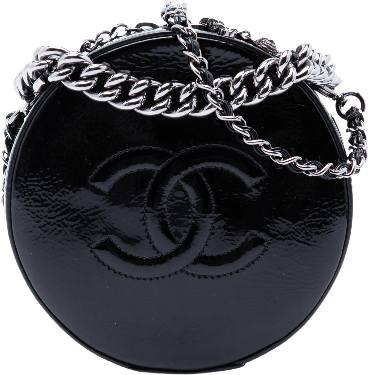Chanel Cc Patent Round As Earth Bag, från Luxclusif, i färgen svart.