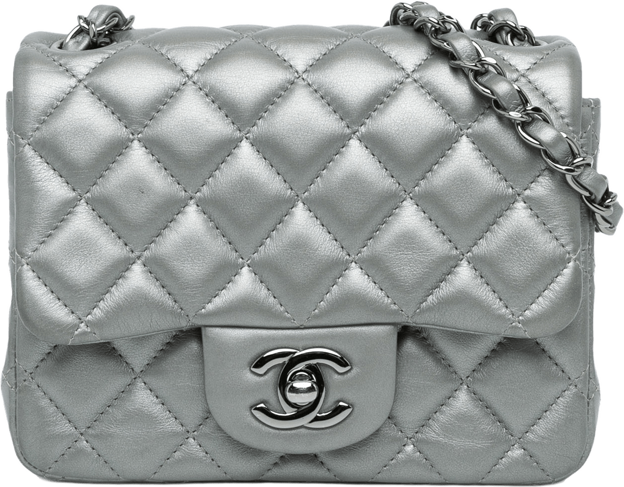 Chanel Mini Square Classic Calfskin Single Flap, från Luxclusif, i färgen silver.