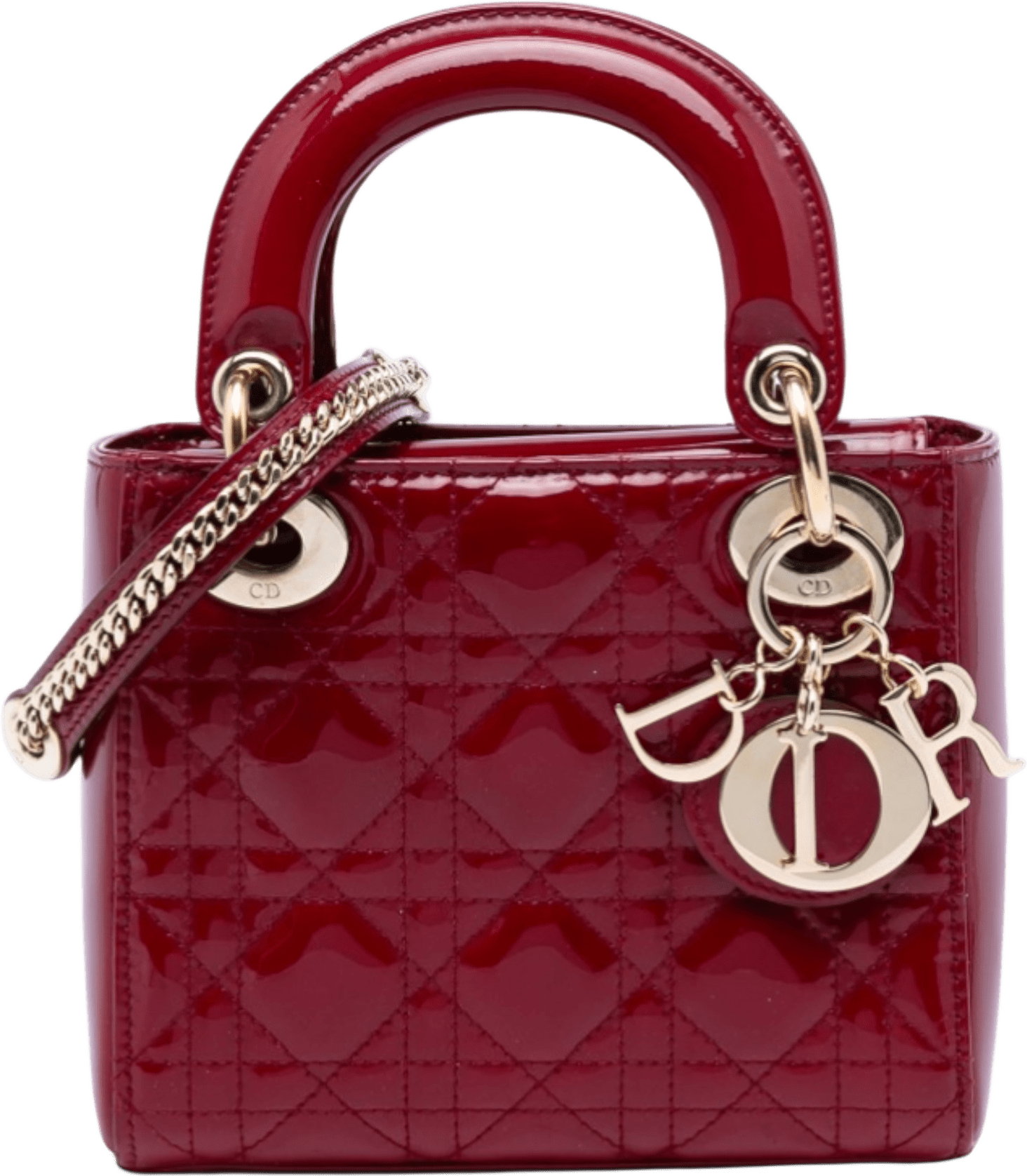 Dior Mini Patent Cannage Lady Dior, från Luxclusif, i färgen dark red.