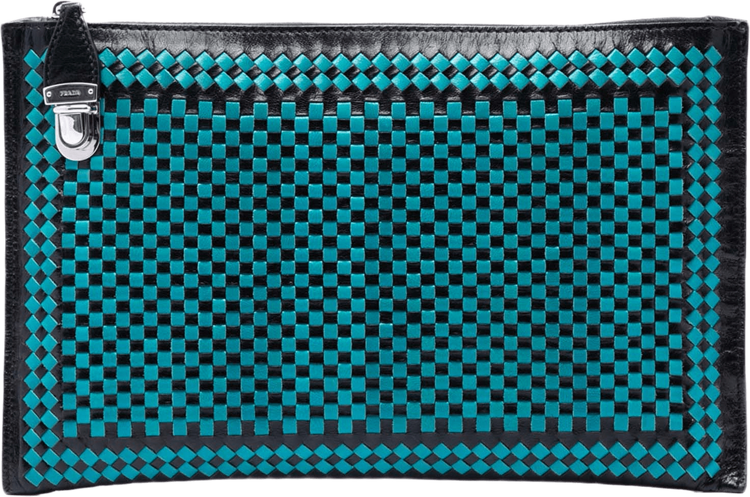 Prada Woven Goatskin Madras Zip Clutch, från Luxclusif, i färgen blå.