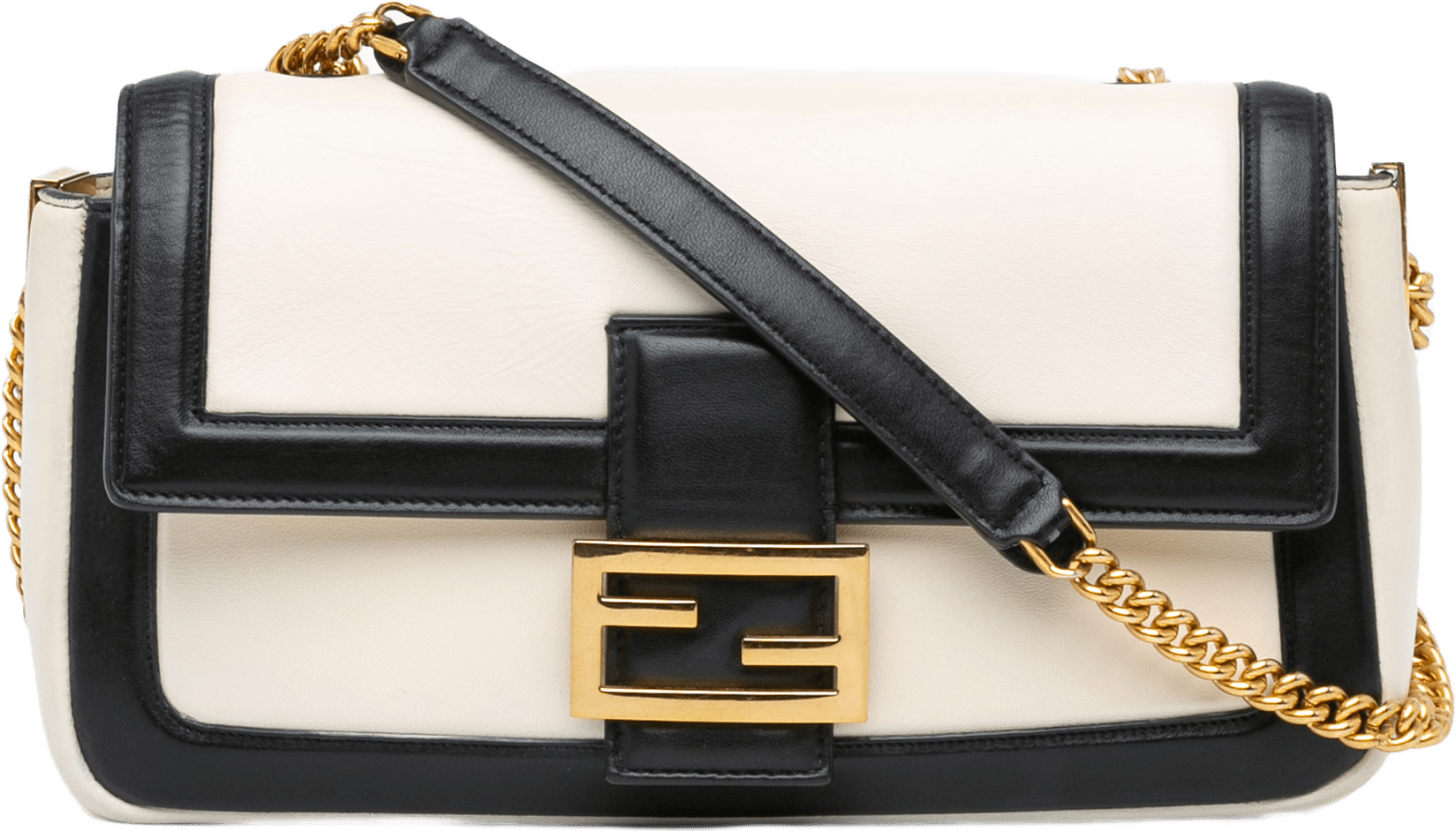 Fendi Bicolor Leather Chain Baguette, från Luxclusif, i färgen white.