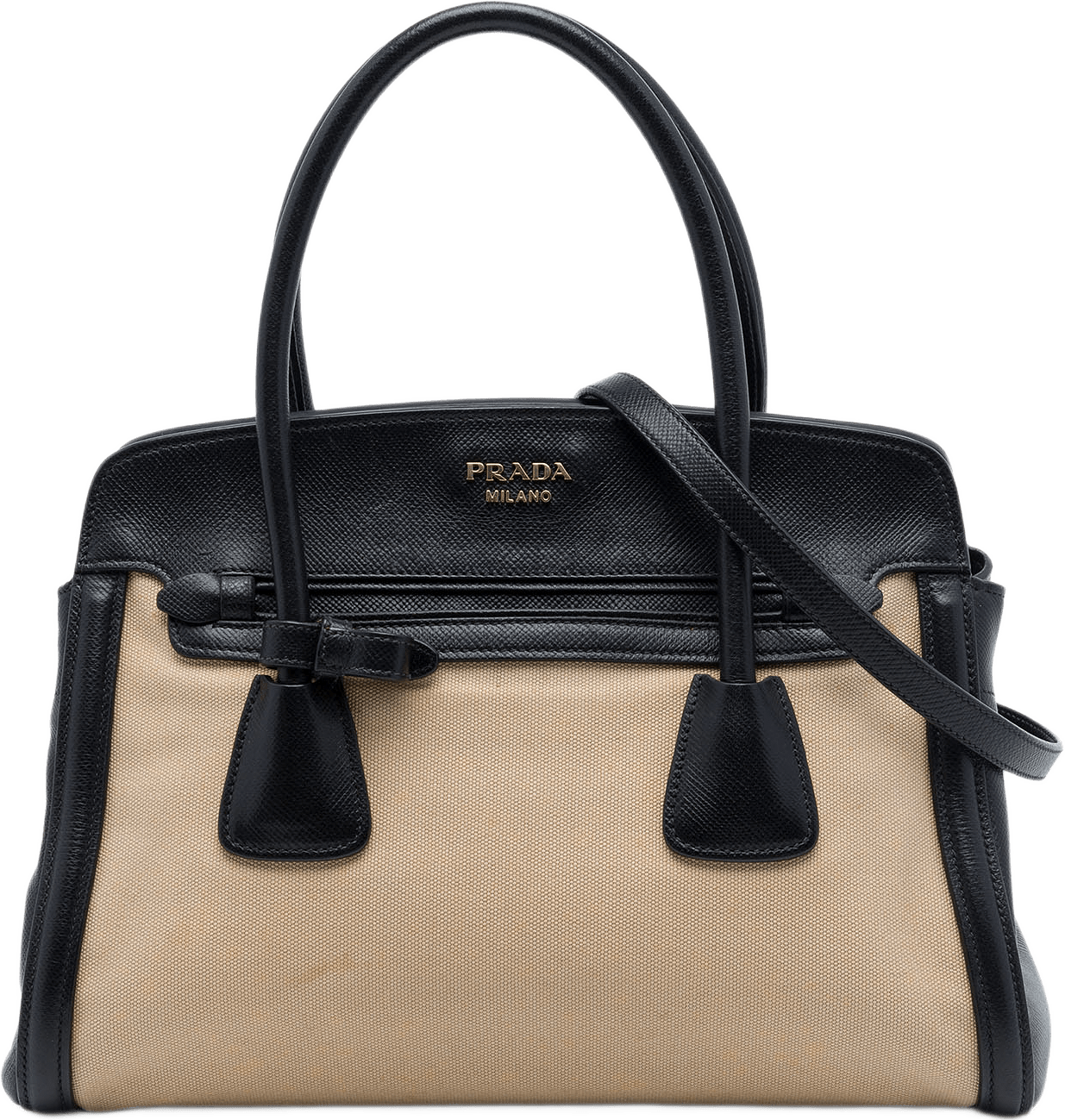 Prada Bicolor Saffiano Cuir Trimmed Canvas Satchel, från Luxclusif, i färgen beige.