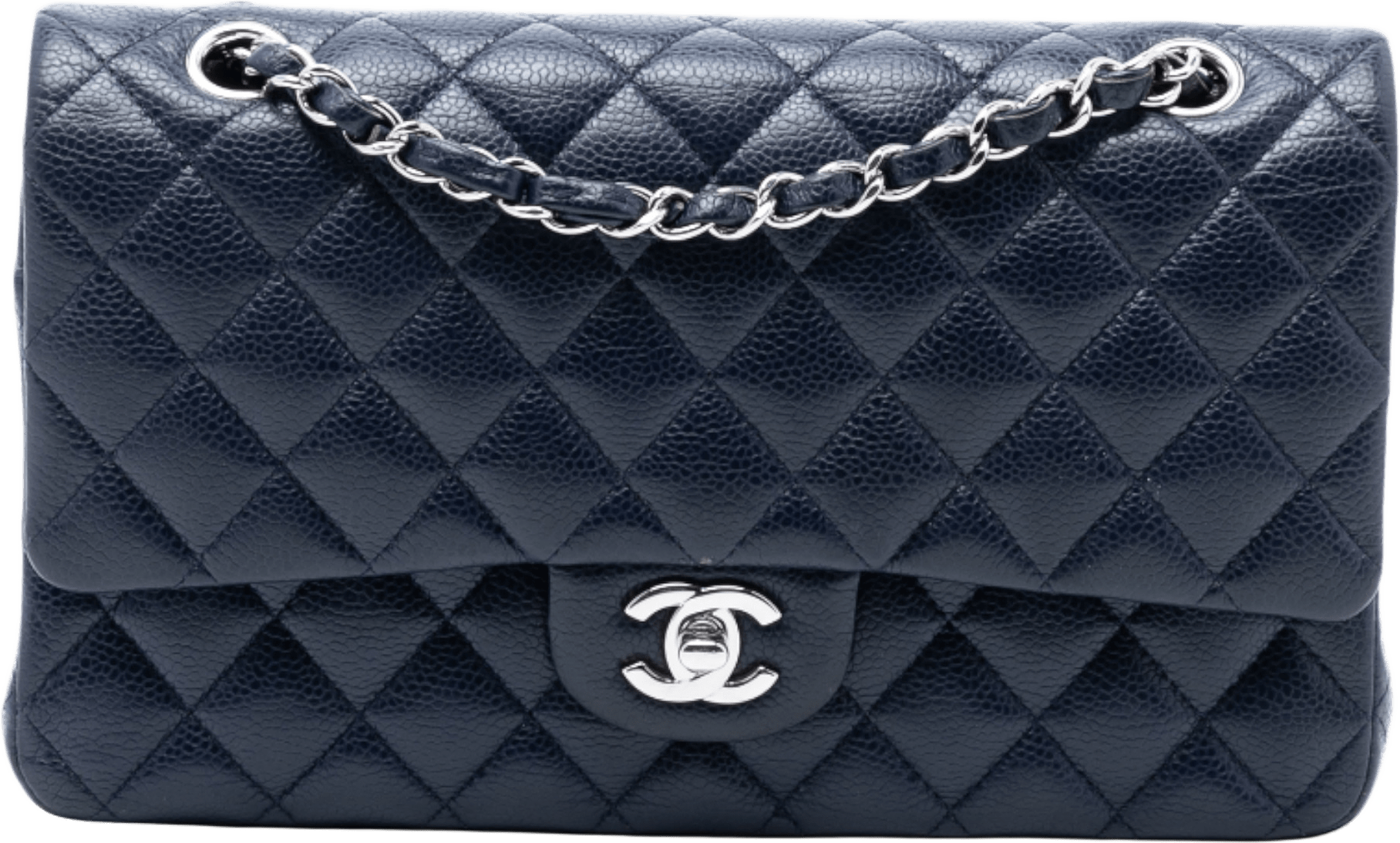 Chanel Medium Classic Caviar Double Flap, från Luxclusif, i färgen navy.